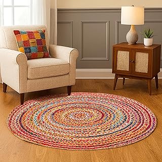 Hausattire Bohemian Braided Rug 4' Round - Multi Color, Circle Farmhouse...