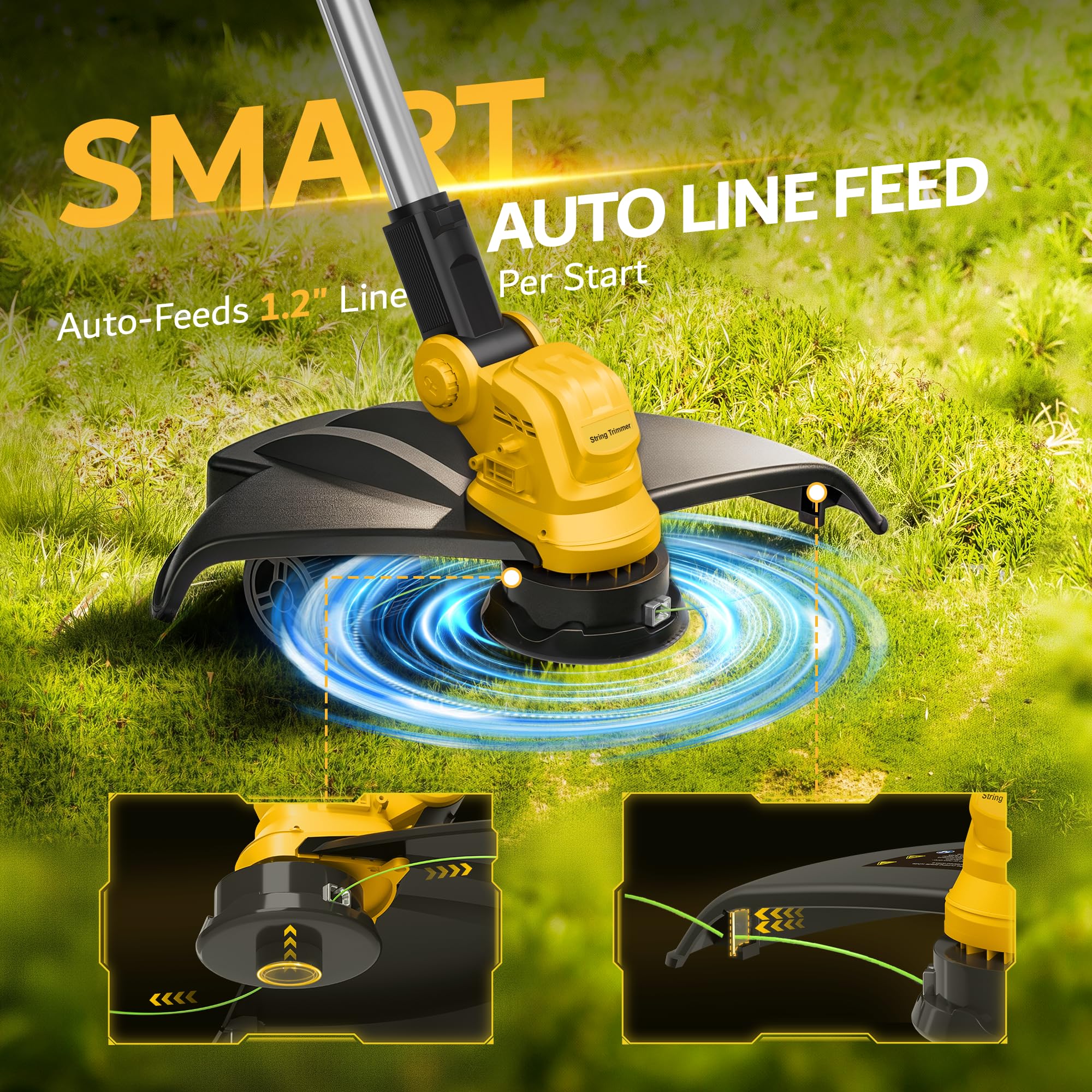 Désherbeur électrique de 38,1 cm sans fil avec 2 batteries 20 V 5,0 Ah, alimentation automatique, tondeuse à gazon et coupe-bordures, débroussailleuse alimentée par batterie pour jardin et cour