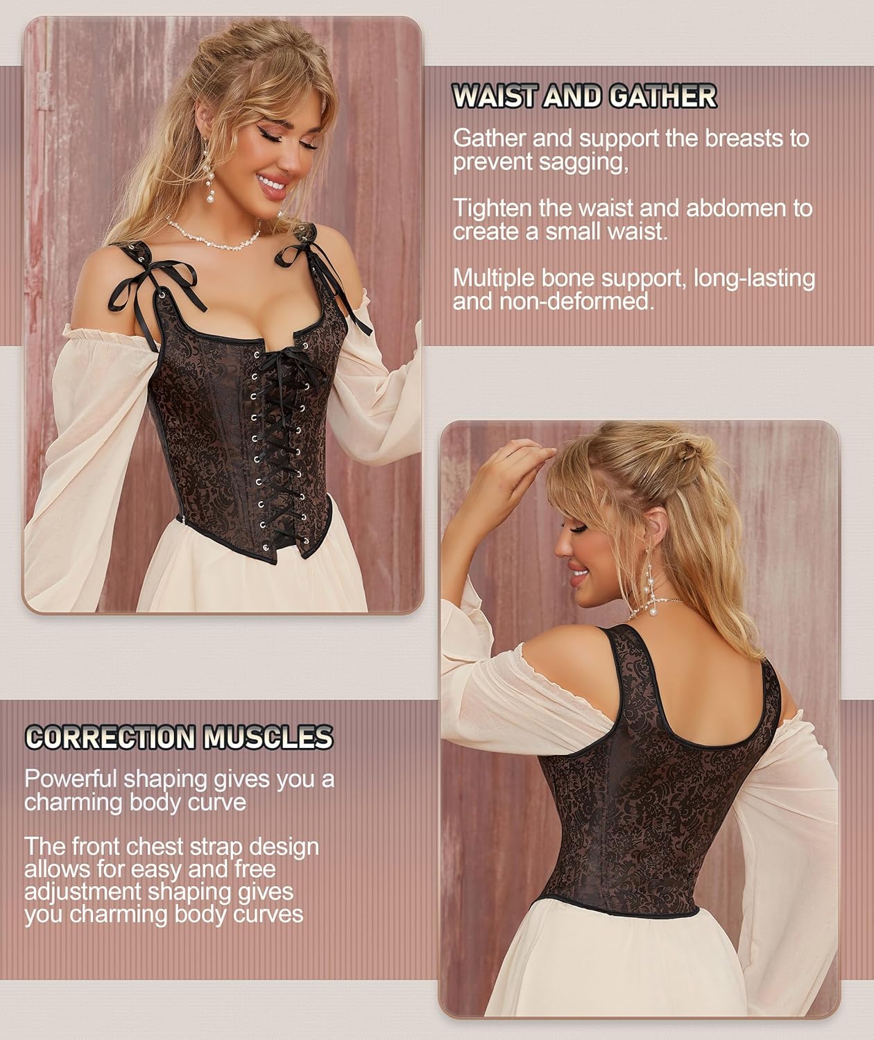 Renaissance Floral Corset Tops for Women Going-Out Vintage Brown Push-Up Overbust Bustier Lace-Up Boned Bodyshaper - Image 3