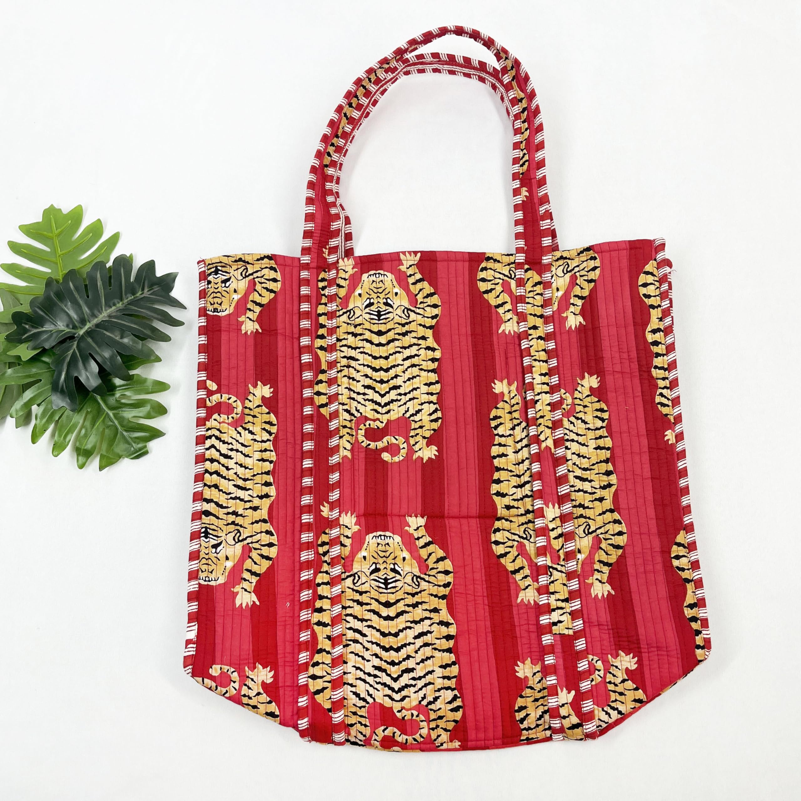 100% Cotton Quilted Red Tiger Printed Tote Bag grocery Shopping Bag For Women - Soft And Stylish Shoulder Bag -(45x46x15 cm) 4