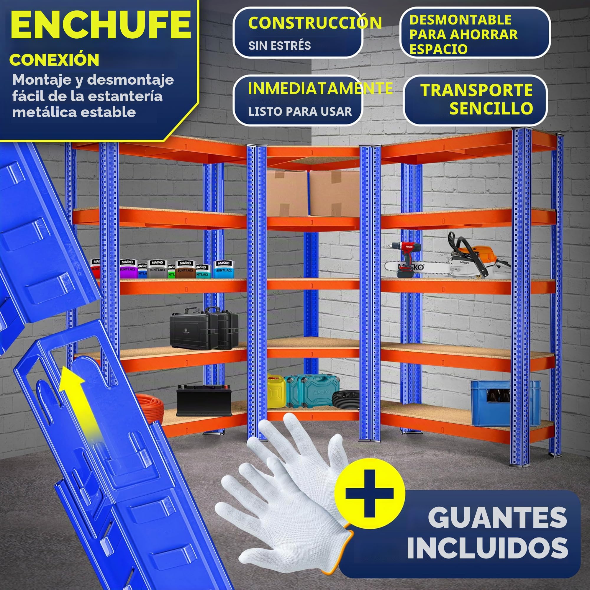 Masko Juego de 3 estanterías de Metal, 1 estantería esquinera y 2 estantes de Almacenamiento, 15 estantes, Tablero de Fibra de Densidad Media, 2625 kg, estantería para Taller, sótano, Garaje