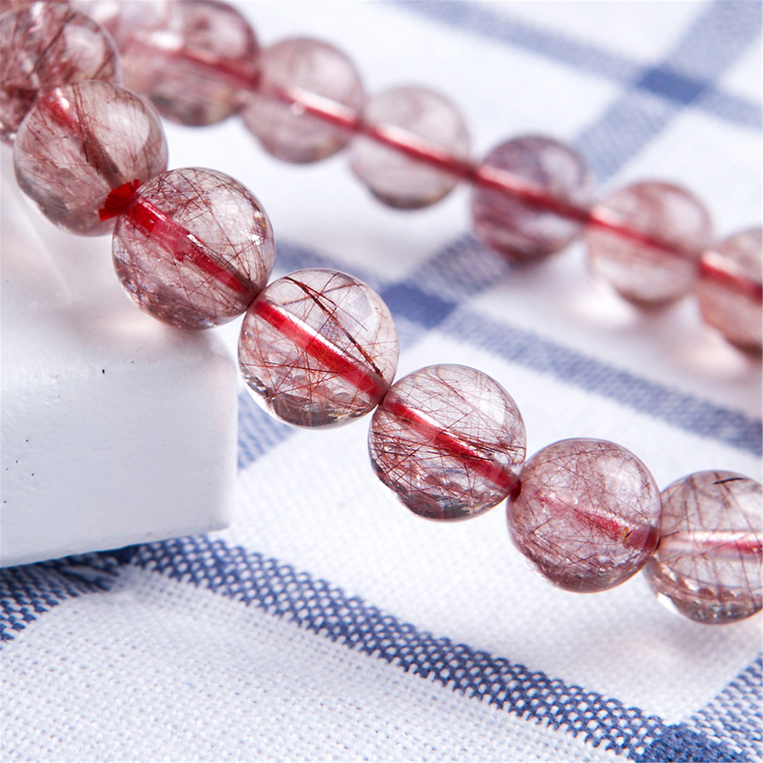 Braccialetti for Donne,Bracciale con Perline,Autentico Quarzo Rutilato Rosso Naturale con Pietra Preziosa da 10 Mm in Cristallo Elasticizzato Rotondo Bracciale con Perline