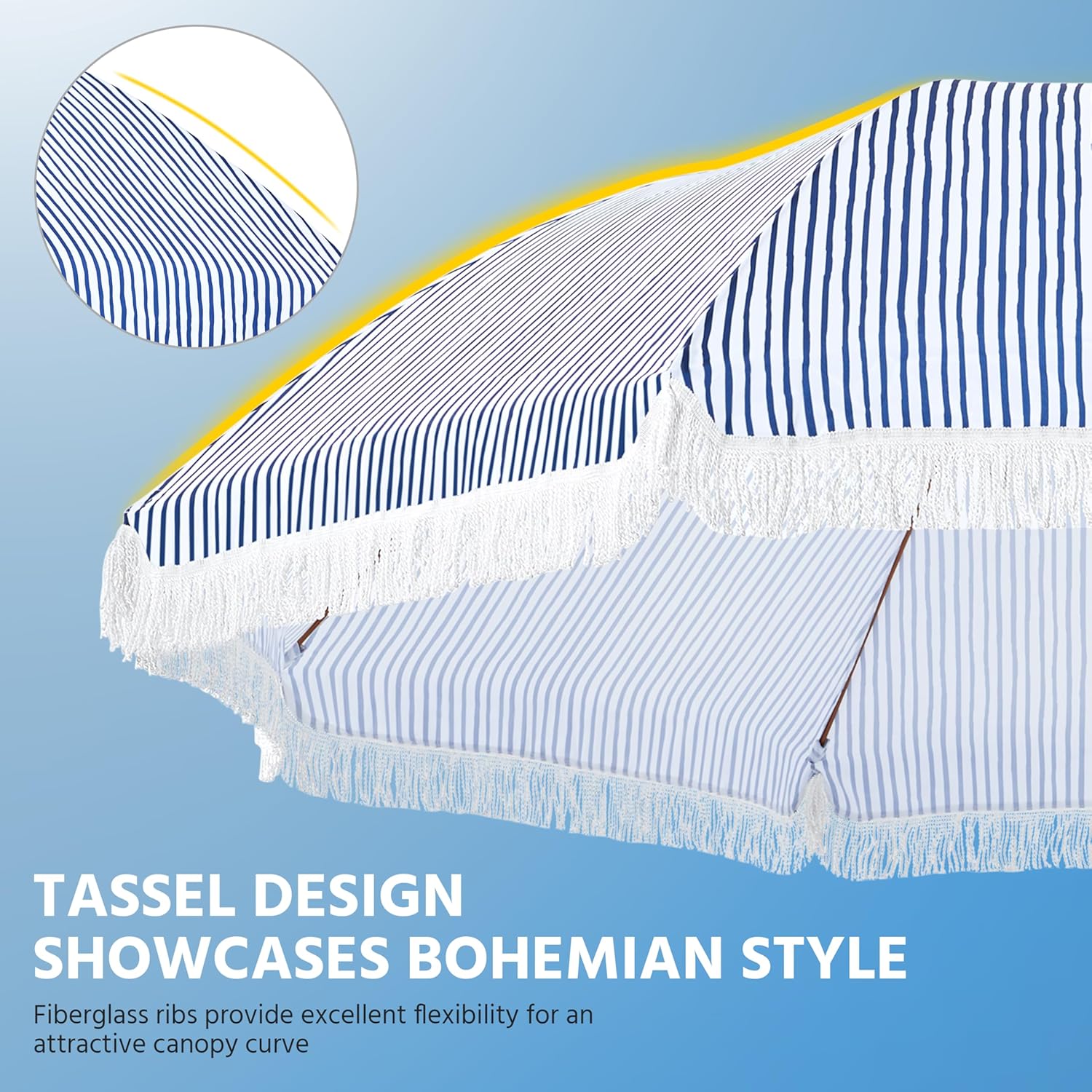 Yaheetech 9ft Patio Umbrella with Tassels, Fringe Portable Beach Umbrella, Umbrella Outdoor Patio with Crank Operating Mechanism, Tilting Aluminum Pole, Fiberglass Ribs For Garden, Pool, Blue/White