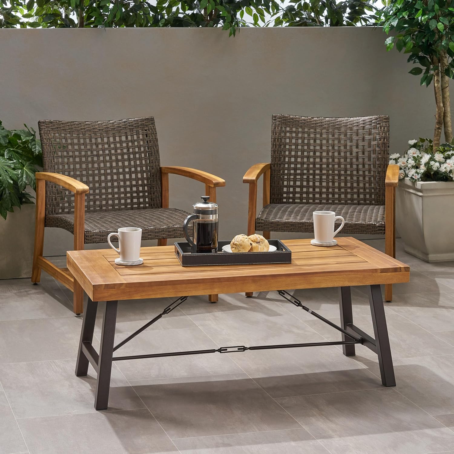 roomfitters Outdoor Acacia Wood Coffee Table, Teak Finish with Rustic Metal Legs, Perfect for Patio, Garden, or Deck, Weather-Resistant and Durable, Brown and Black