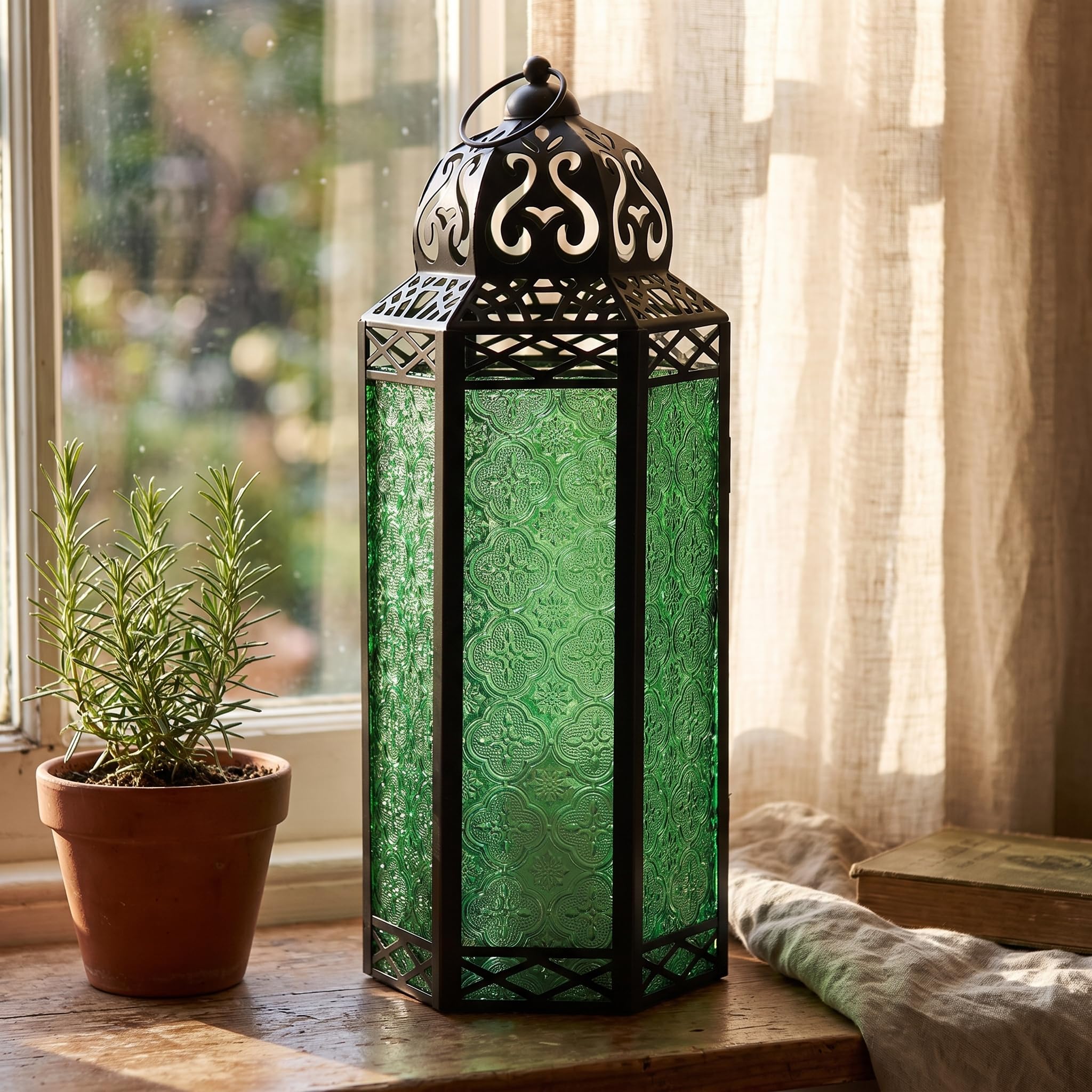 Lanterna decorativa marocchina in metallo nero, portacandela per interni ed esterni, decorazione per la casa, extra large, verde