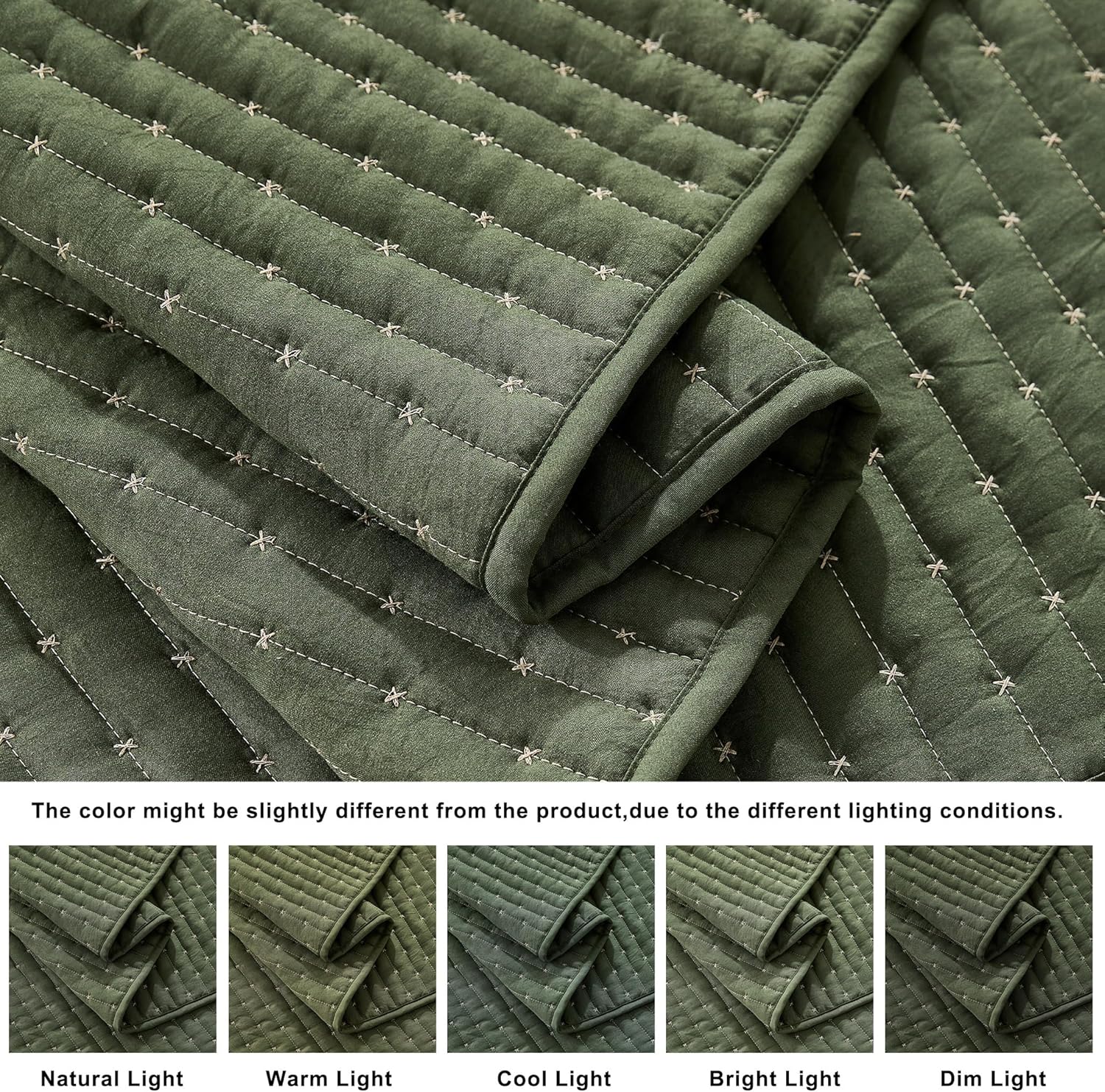 WDCOZY Olive Green Cross Stitch King Size Quilt Set, Striped Lightweight Soft Bedspread, Channel Farmhouse Rustic Coverlet, All Season Country Bedding, Thin Comforter - Image 4