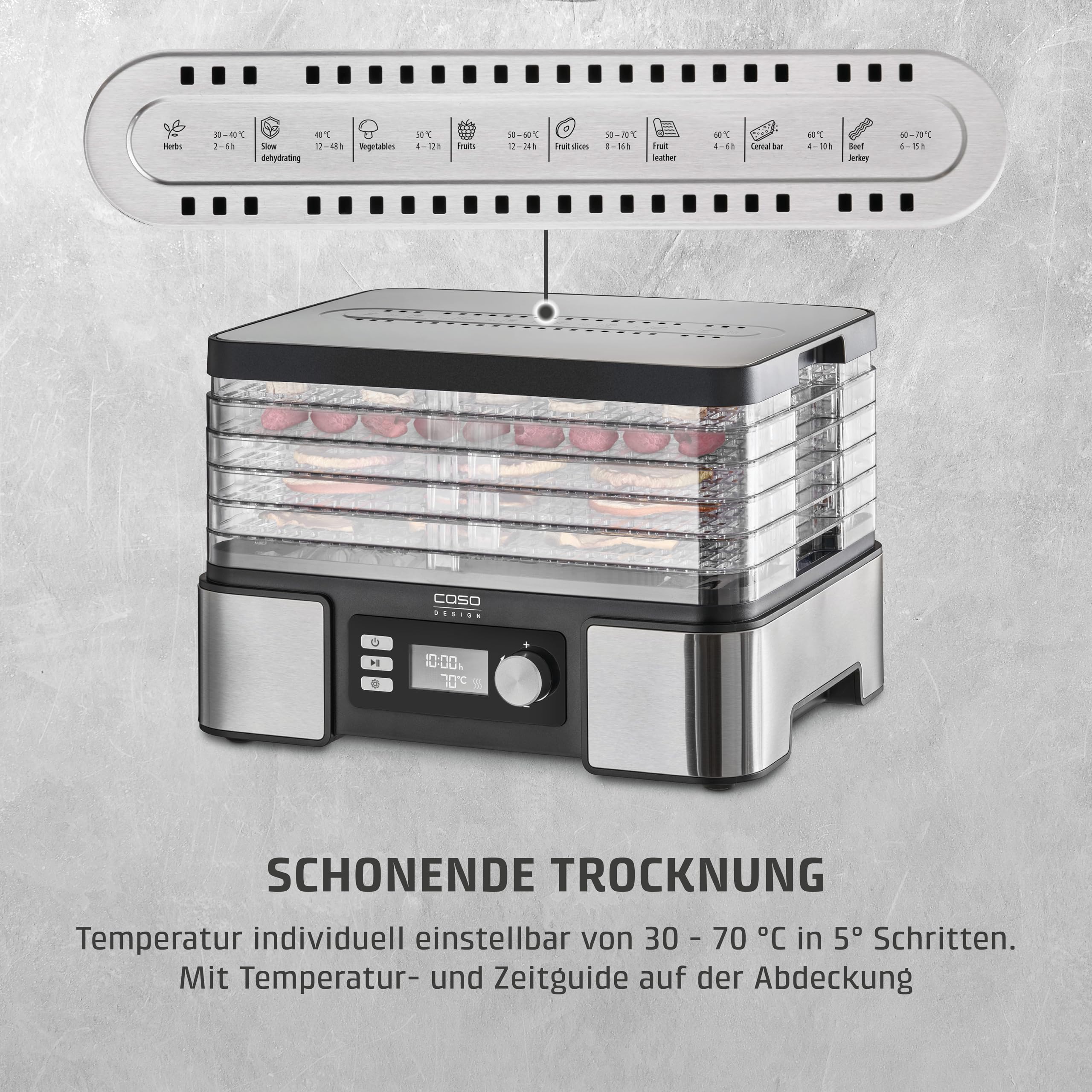 Caso DH 450 Dörrautomat, Testsieger Haus & Garten Test, für z.B. Obst, Gemüse, Kräutern etc., Temperatur individuell einstellbar von 30 ‐ 70 °C, Timer einstellbar von 0,5 ‐ 48 h