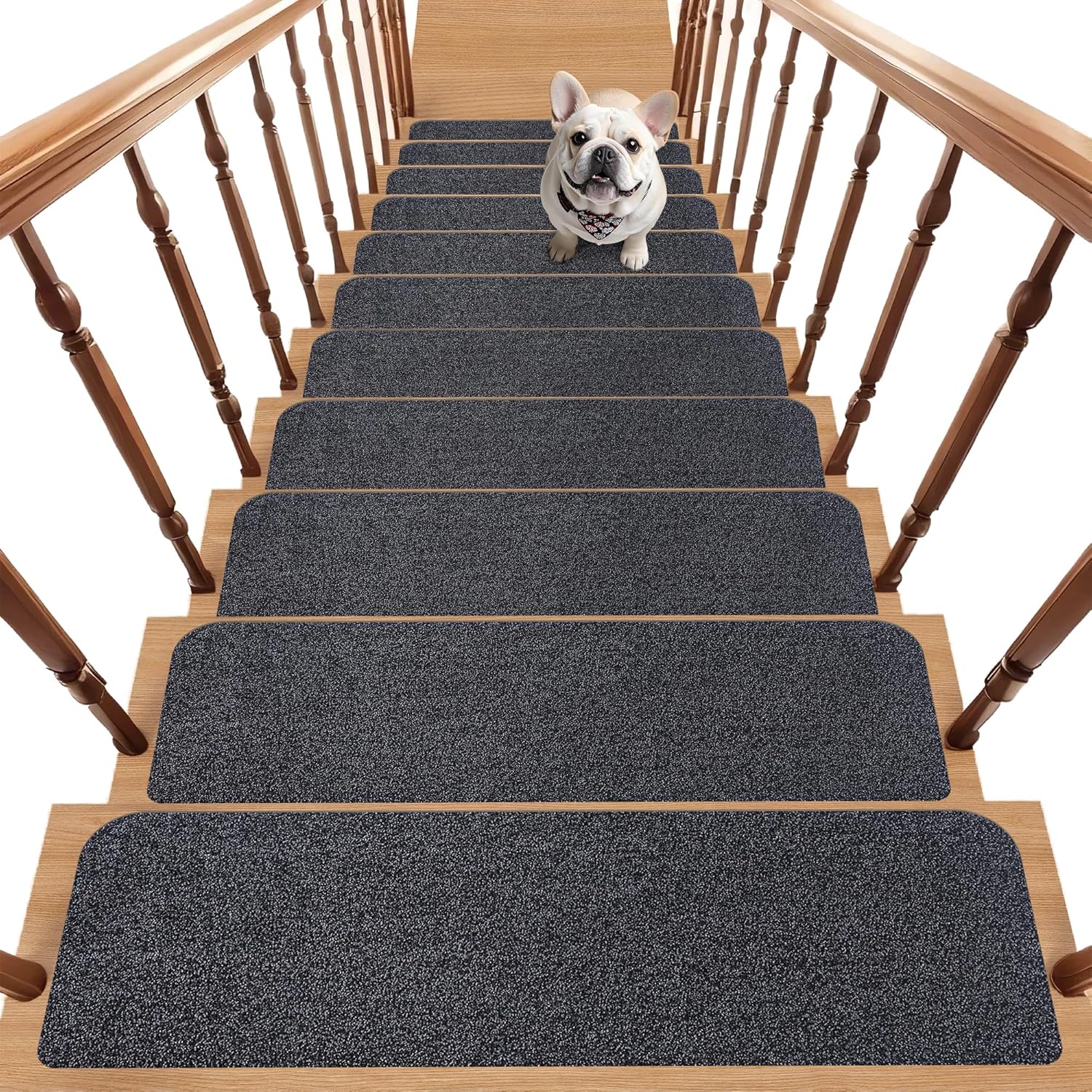 Non-Slip Stair Treads for Wooden Steps Indoor, 15 Pack 9\" X 28\" Stair Carpet Mats with TPE Backing for Kids Elders and Dogs, 0.3\" Thick 100% Polyester Soft Stair Runner Rug, Black 28''x9'' Black 15(similar)