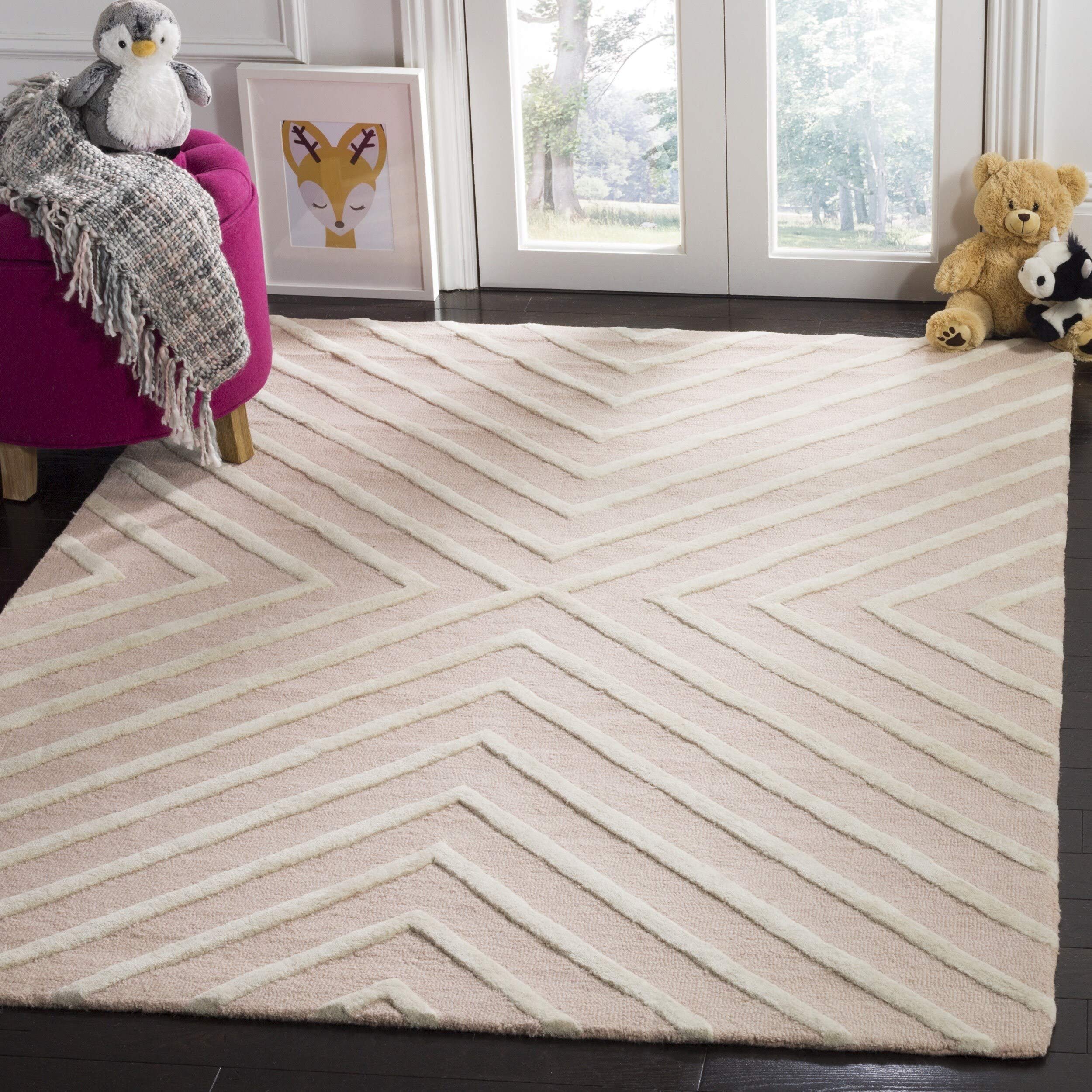 SAFAVIEH Kids Collection Accent Rug - 3' x 5', Pink & Ivory, Handmade Geometric Wool, Ideal for High Traffic Areas in Entryway, Living Room, Bedroom (