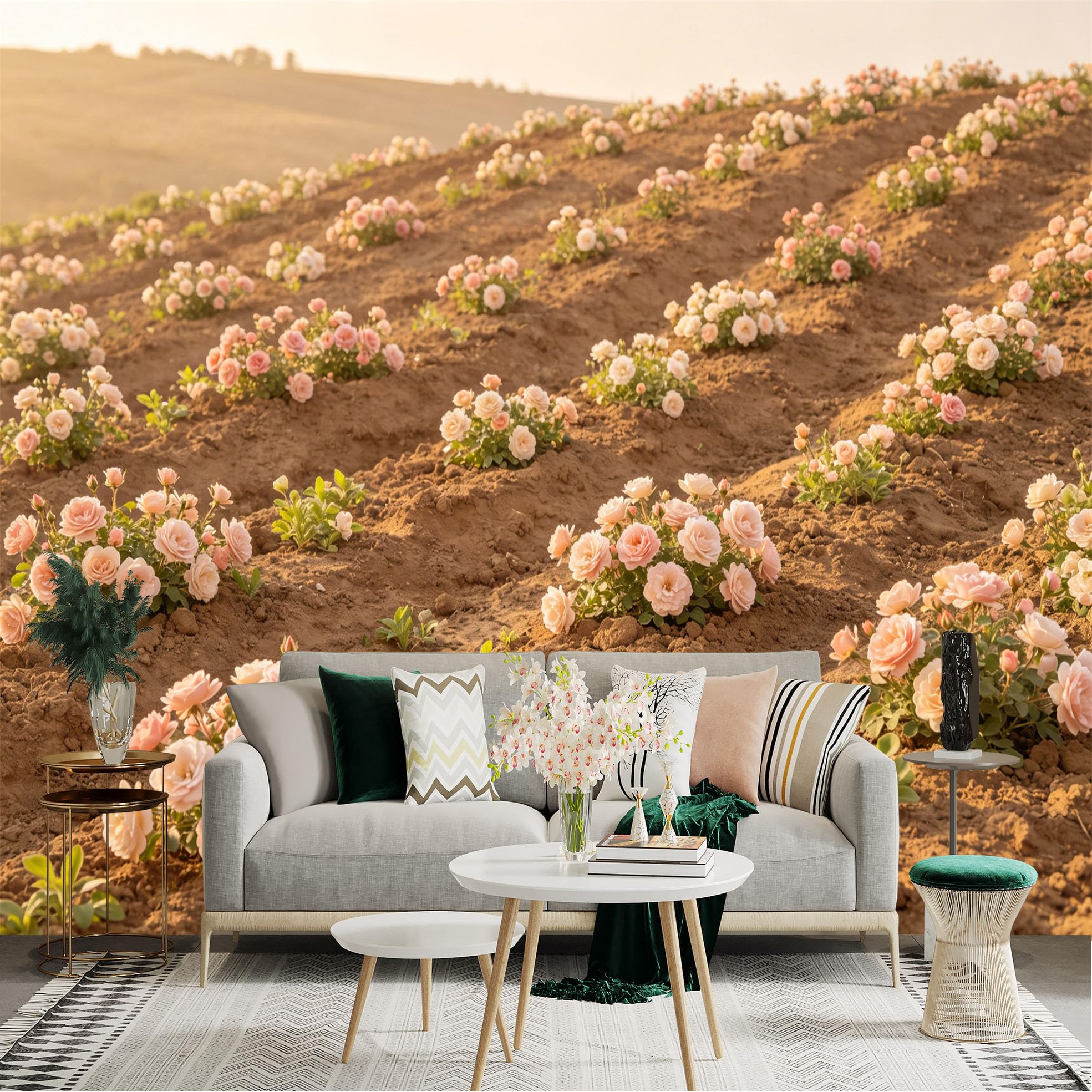Lnzczhyre Dbh260521207 Custom Size Wall Sticker Mural， Sunset Rose Garden， Blooming Pastel Flower Field， Soft Warm Light Landscape， Floral Nature Scenery， For Wall Decoration， Peelandstick Wall Decals.
