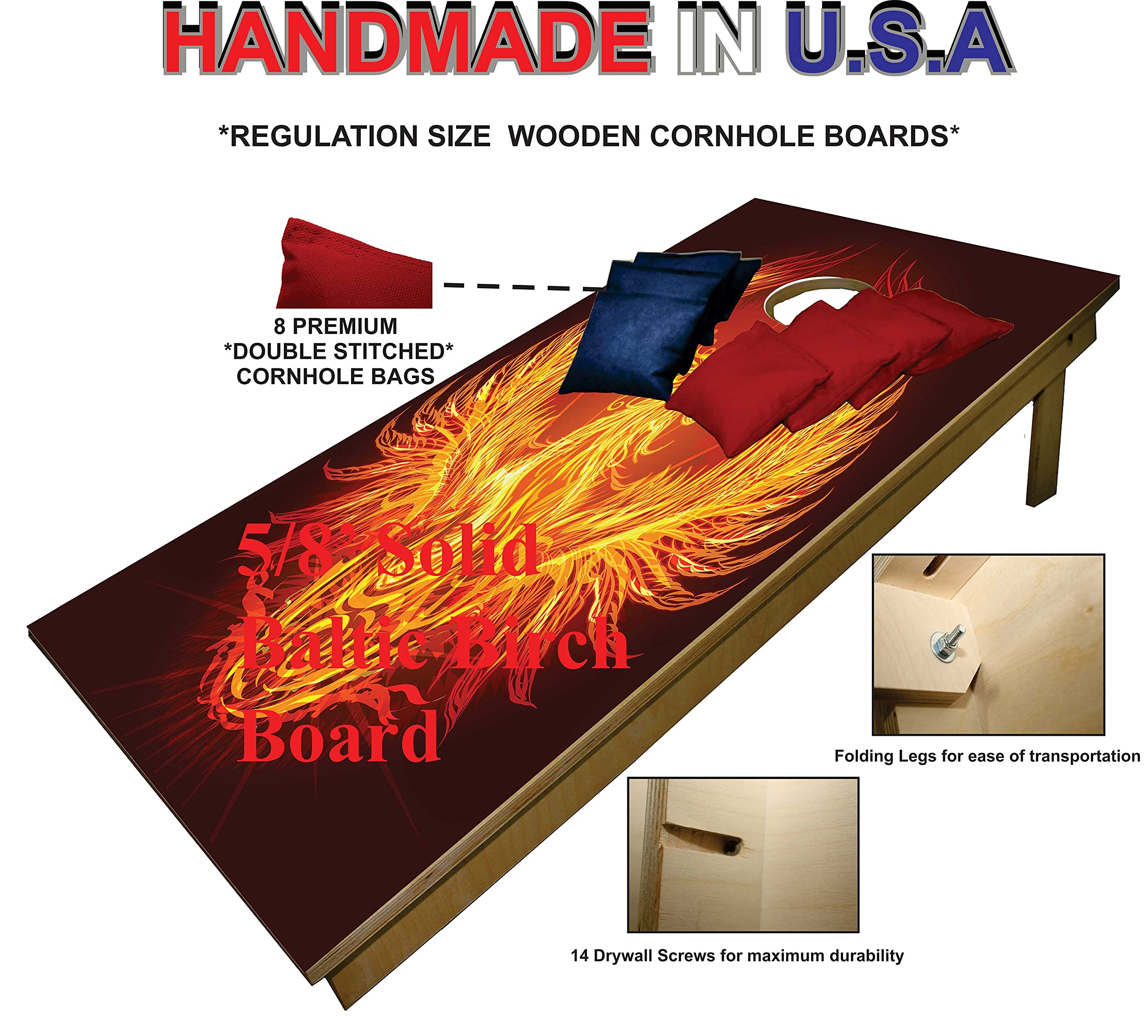 Cornhole Set -Fire Bird Black Tailgate Cornhole Boards w Set of 8 Cornhole Bags!642