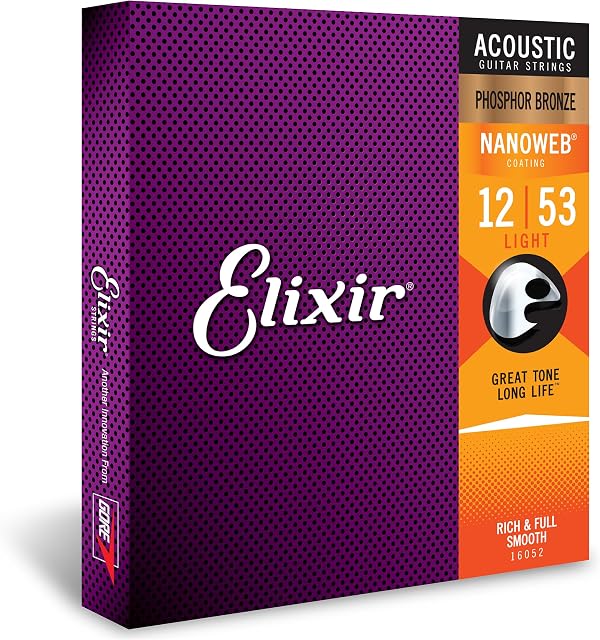 Elixir Strings - Acoustic Phosphor Bronze with NANOWEB Coating - Elixir Acoustic Guitar Strings - Light (.012-.053)
