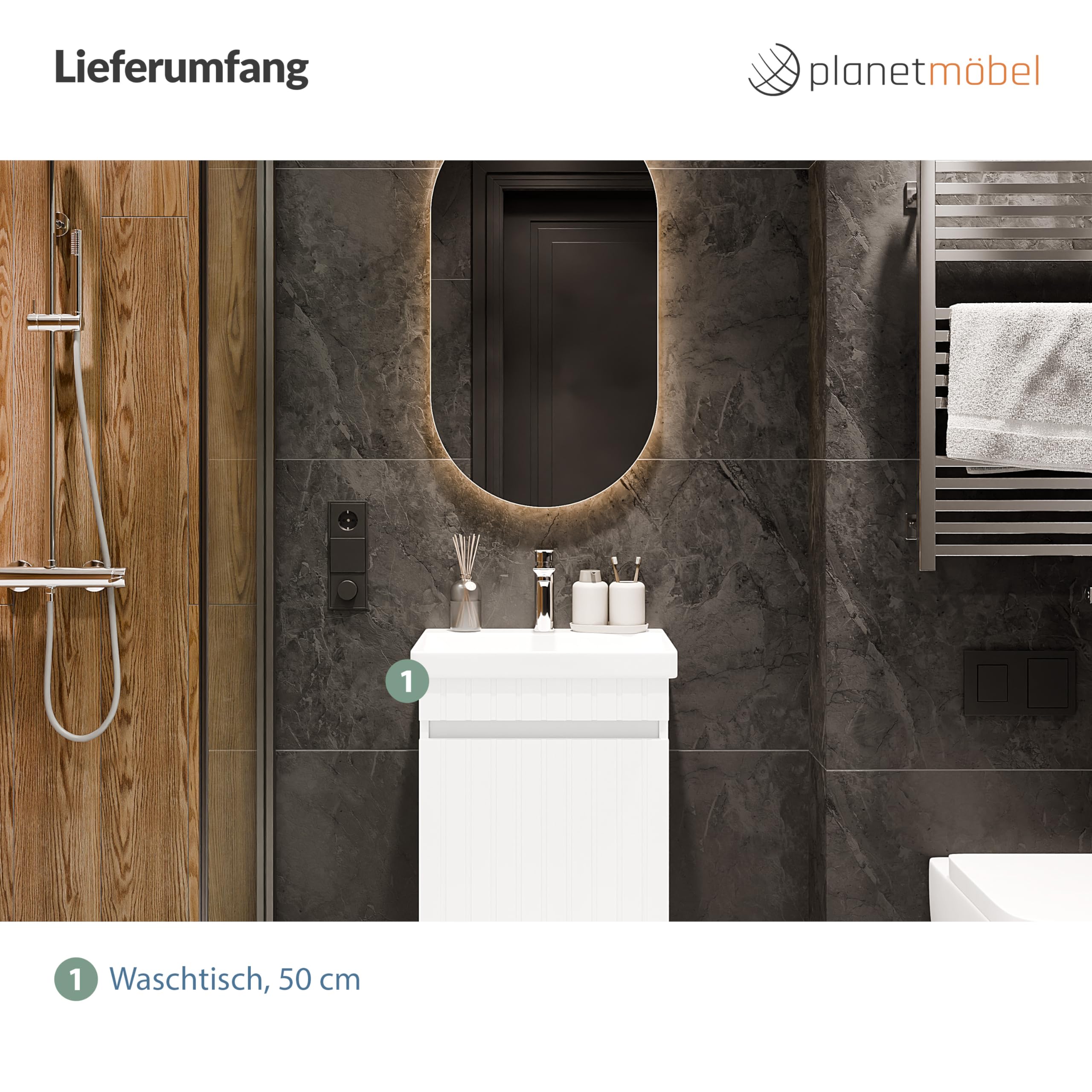 Planetmöbel Cosmia Badmöbel Set Waschbecken mit Unterschrank 50 x 60 x 35 cm Weiß, Keramik Waschtisch mit Tür