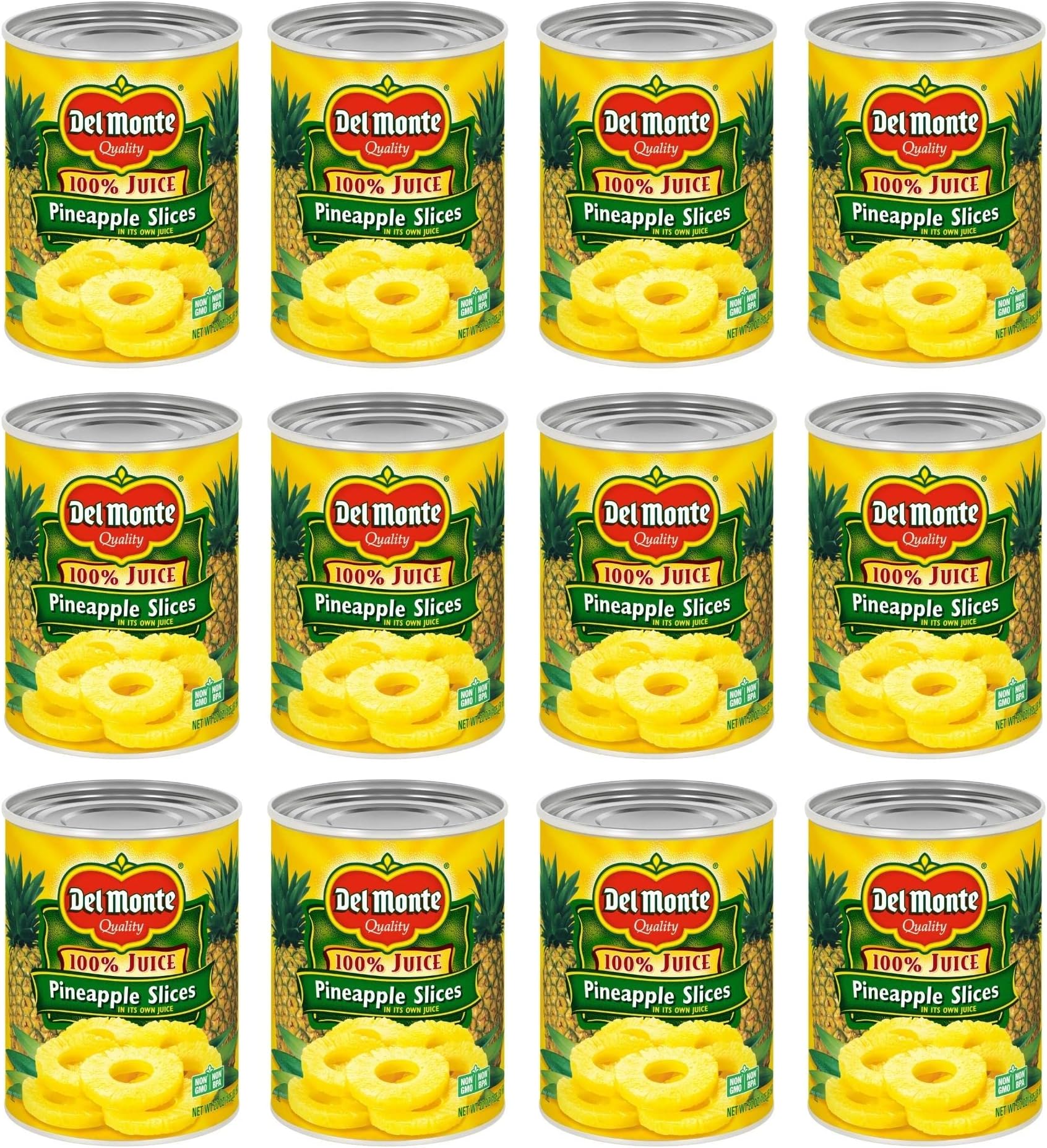 DEL MONTE Canned Pineapple Slices in 100% Juice, Canned Fruit, 12 Pack, 20 oz Can