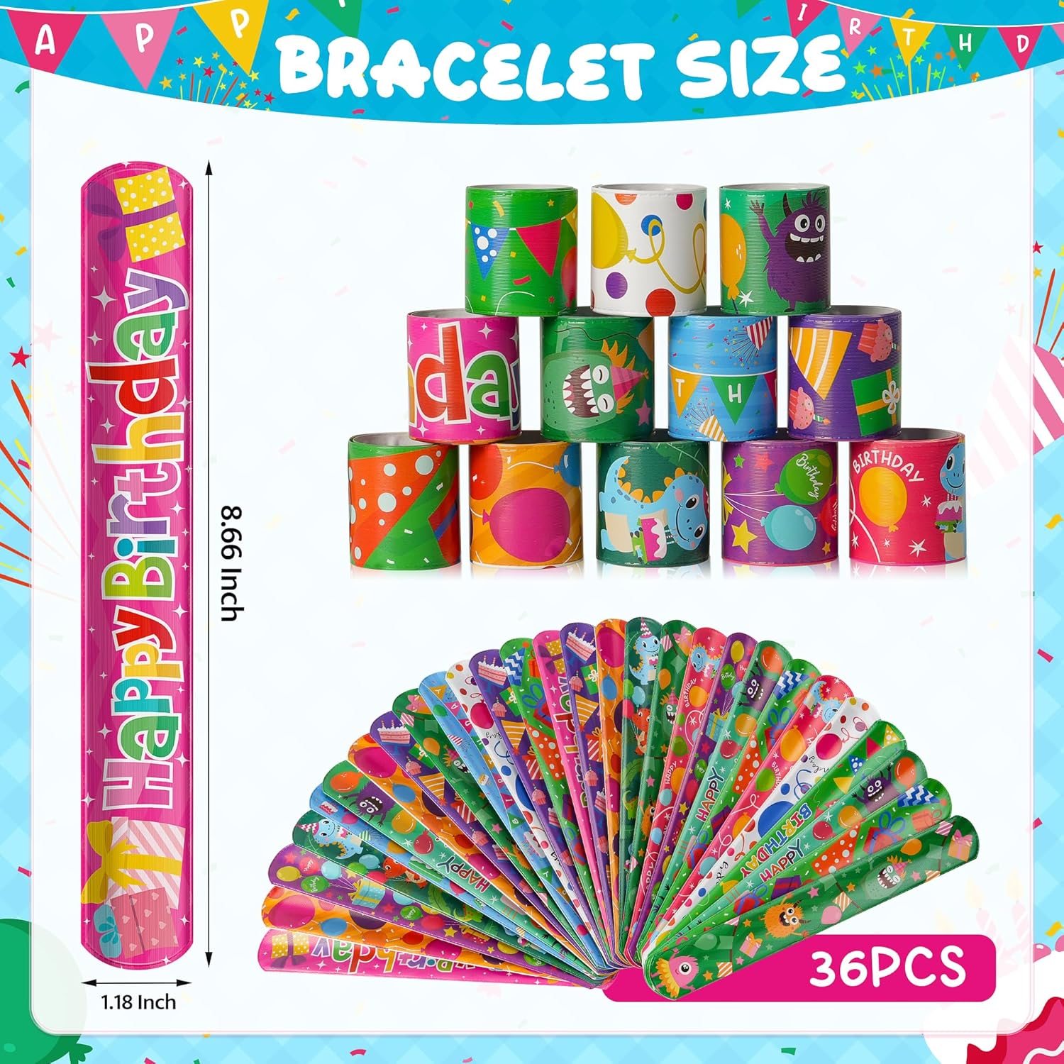Childom 36 Pcs Birthday Slap Bracelet,Party Bracelet Gifts Birthday Decorations,Holiday Goodie Bag Stuffers for Party Favors,Bracelets Bulk for Home School Classroom Prizes Anniversary Holiday Outdoor - Image 5