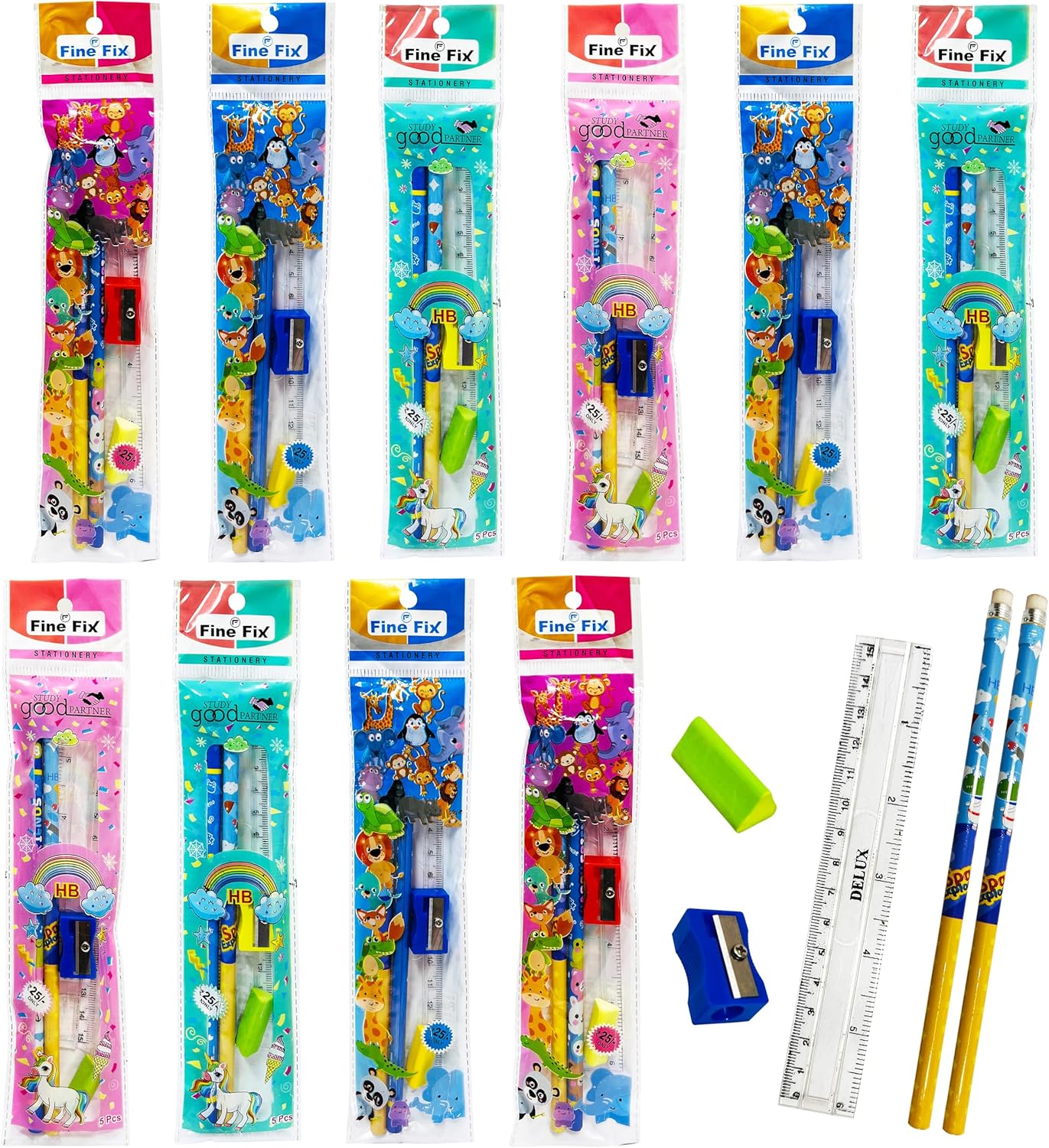 Cartoon Theme Stationery Giftset with 2 Pencils, Sharpener, Eraser and Scale, Complete School Supplies, Birthday Return Gifts, Navratri gifts, For Age 3-10Yrs (Pack of 10 Assorted Characters)