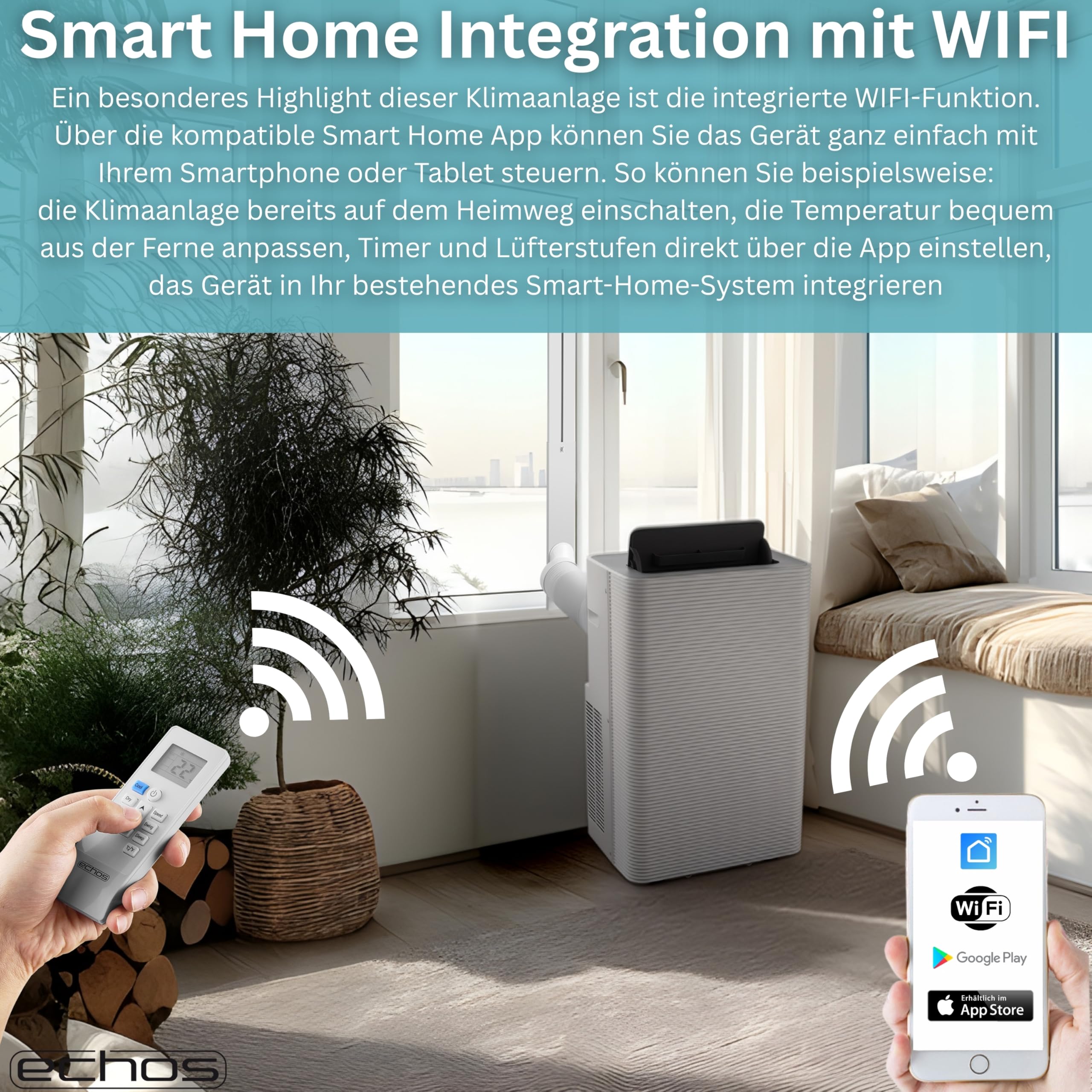 Echos® Mobile Klimaanlage 12.000 BTU mit Abluftschlauch WiFi & Fensterabdichtung Mobiles Klimagerät Leise ≤56dB App/WLAN Steuerung Fernbedienung 24h Timer 3in1 Luftkühler, Luftentfeuchter & Ventilator - 4