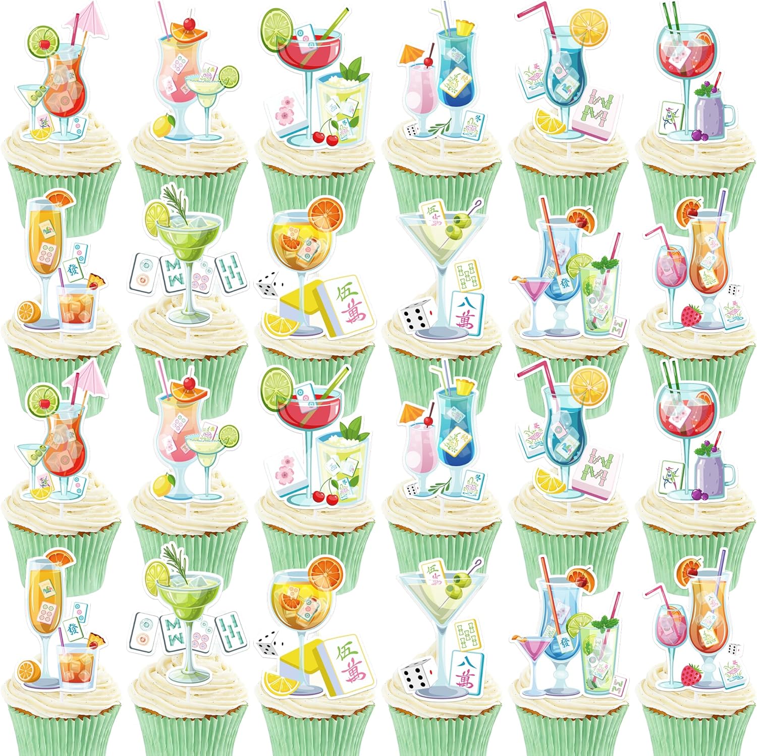 Mahjong Birthday Party Supplies - 24 Pcs Cupcake Toppers Set Cake Cupcakes Dessert Decor Cocktail Mah Jong Themed Decorations Favors Accessories for Women Girls Game Night Celebration