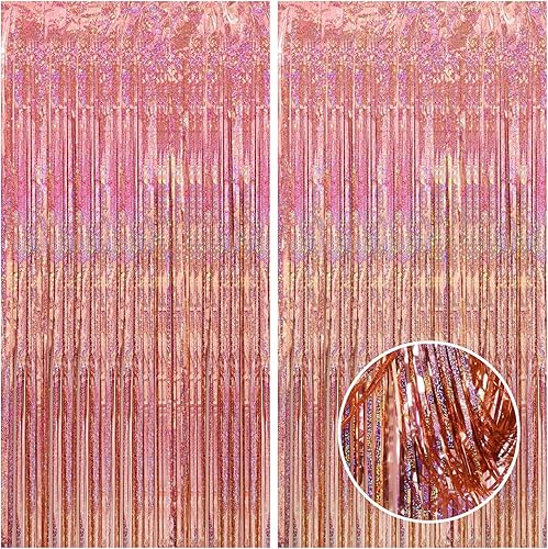 Miniatura 1 de Paquete de 2 cortinas de fondo de flecos de papel de aluminio de oro rosa de 3.3 x 8.2 pies, serpentinas de oropel con purpurina, decoraciones de