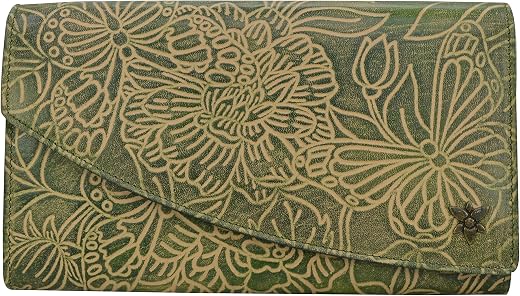 Anuschka Women's Hand-Painted Genuine Vegetable Tanned Leather Accordian Flap Wallet - Tooled Butterfly Jade