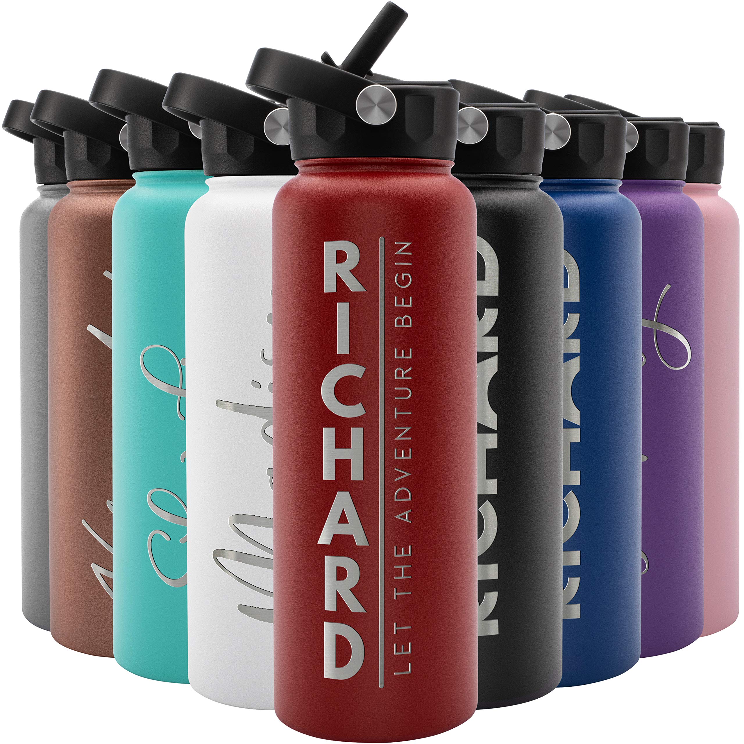 Amazing Items Personalized 40 Oz Insulated Water Bottle - Custom Name Stainless Steel With Straw Lid & Rotating Handle (Fire Red)