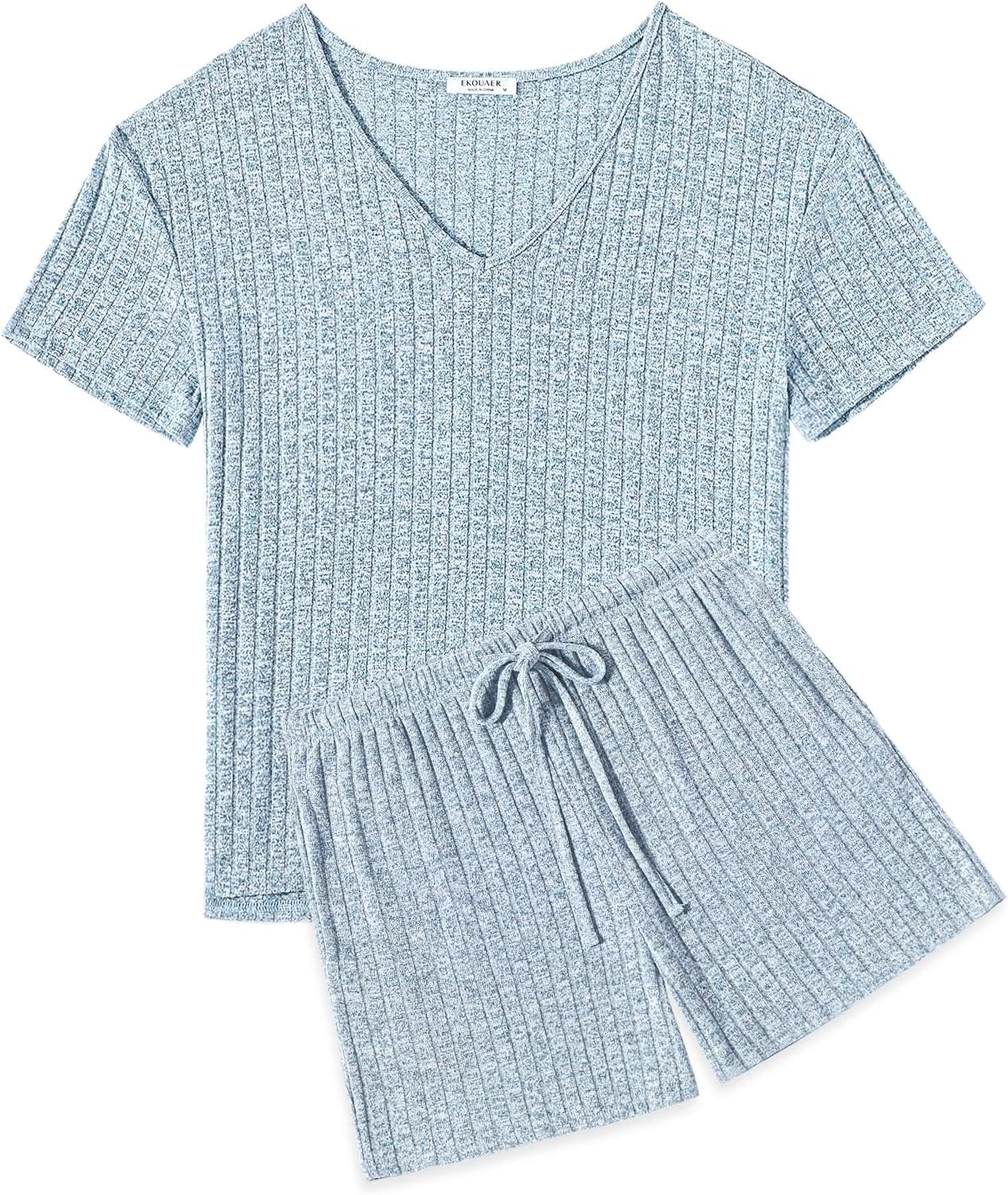Ekouaer Womens 2 Piece Lounge Sets Summer Two Piece Outfits Ribbed Knit V Neck Short Sleeve Tee and Pockets Shorts Sets - Image 2