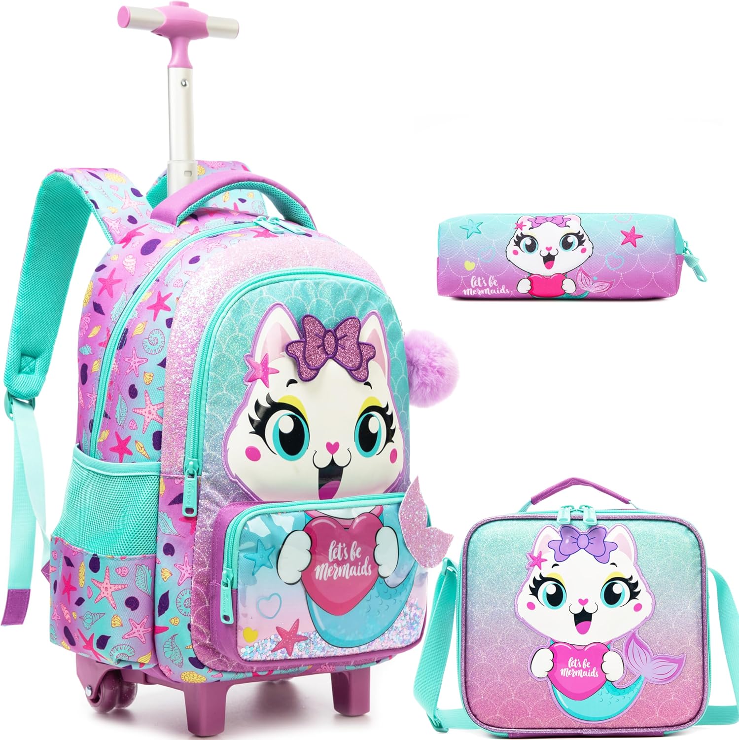 Cute Cat Rolling Backpack with Wheels for Elementary Preschool Students Kids Travel Luggage Carry on Backpack for Girls Ages 6-8