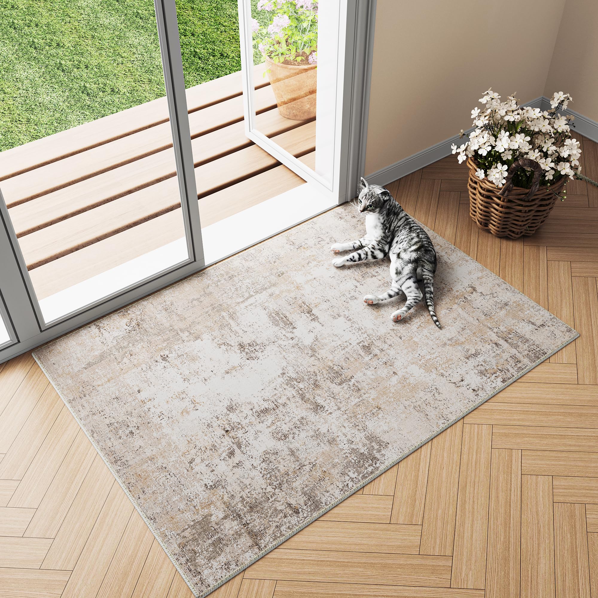 HUGEAR Washable Hallway Runner Rug 80x400cm Beige Grey Non Slip Abstract Natural Neutral Modern Long Carpet Runners Kitchen Bedroom Lounge Bedside Low Pile Carpets