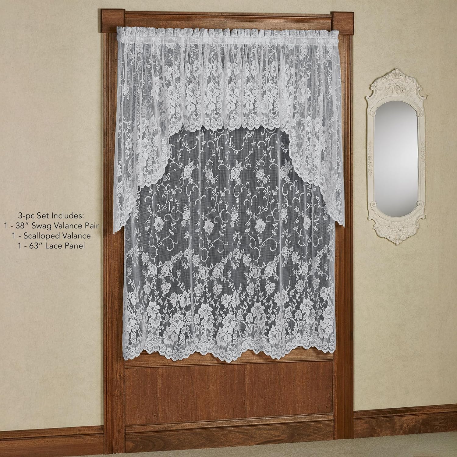 Luxury Sheer Polyester Enchanting Roses Lace Window Treatment | 3 Piece Set: Scallop Valance, 38L Swag Pair, and 63L Panel | Classic | Antique White | Rod Pocket | Machine washable | Light Filtering