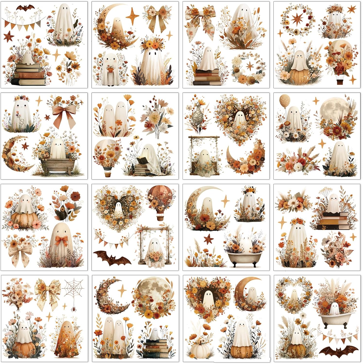 16 Pcs Halloween Fall Rub on Transfers for Crafts 5.7x5.7 Inch | Ghost Rub on Transfers for Furniture, Autumn Transfer Decals for Wood DIY Glass Home Decor, UV DTF Transfers Stickers
