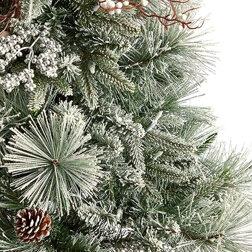 Miniatura 5 de Nearly Natural Árbol de Navidad artificial flocado de 5 pies con 100 luces LED y 186 ramas flexibles en urna decorativa