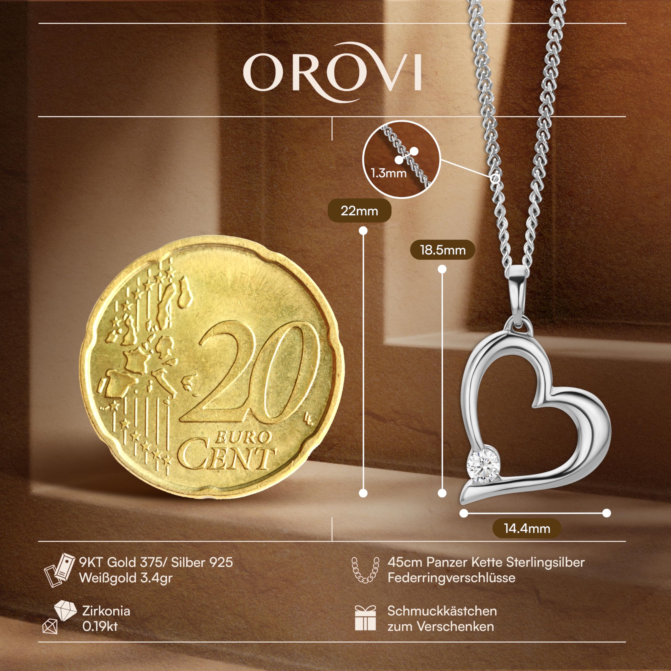 OROVI Herzkette, Halskette Damen, Kettenanhänger Gold - 9K 375 Weißgold/Gelbgold- inkl. Gratis Silberkette, Kette Silber/Vergoldet, Herzanhänger Gold mit Zirkonia, Schmuck Damen, mit edler Schmuckbox