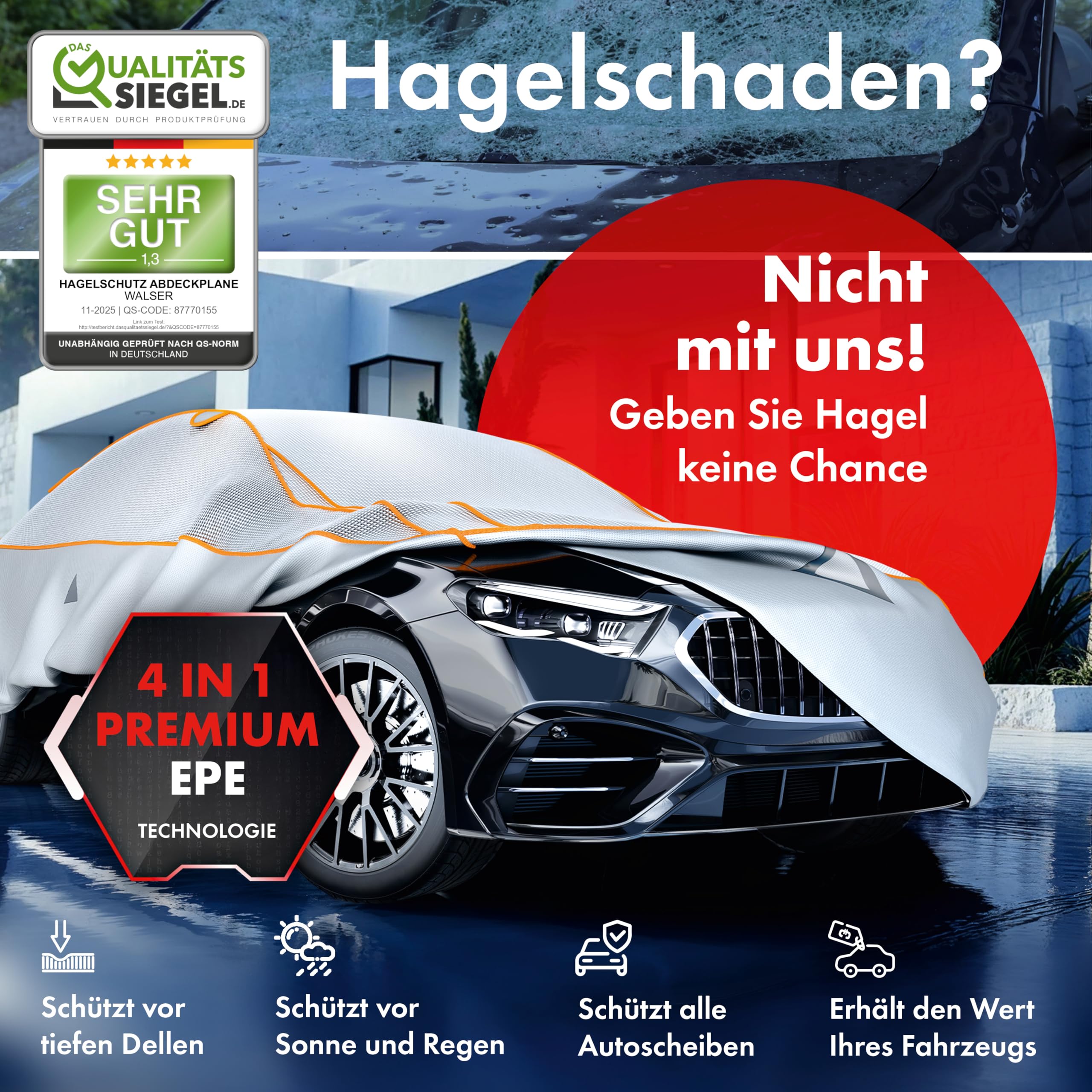 WALSER Premium Hagel- & Hitzeschutz Abdeckplane Auto, Auto Hagelschutzplane EPE Sun Protect - reduziert Hitze im Innenraum, 100% wasserdichte Autogarage Abdeckung, Ganz-Jahres-Abdeckplane Größe 3