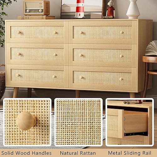 Miniatura 6 de Cómoda de ratán para dormitorio, cómoda moderna de 6 cajones y cómoda, cómoda bohemia natural con asas, organizador de almacenamiento de madera,
