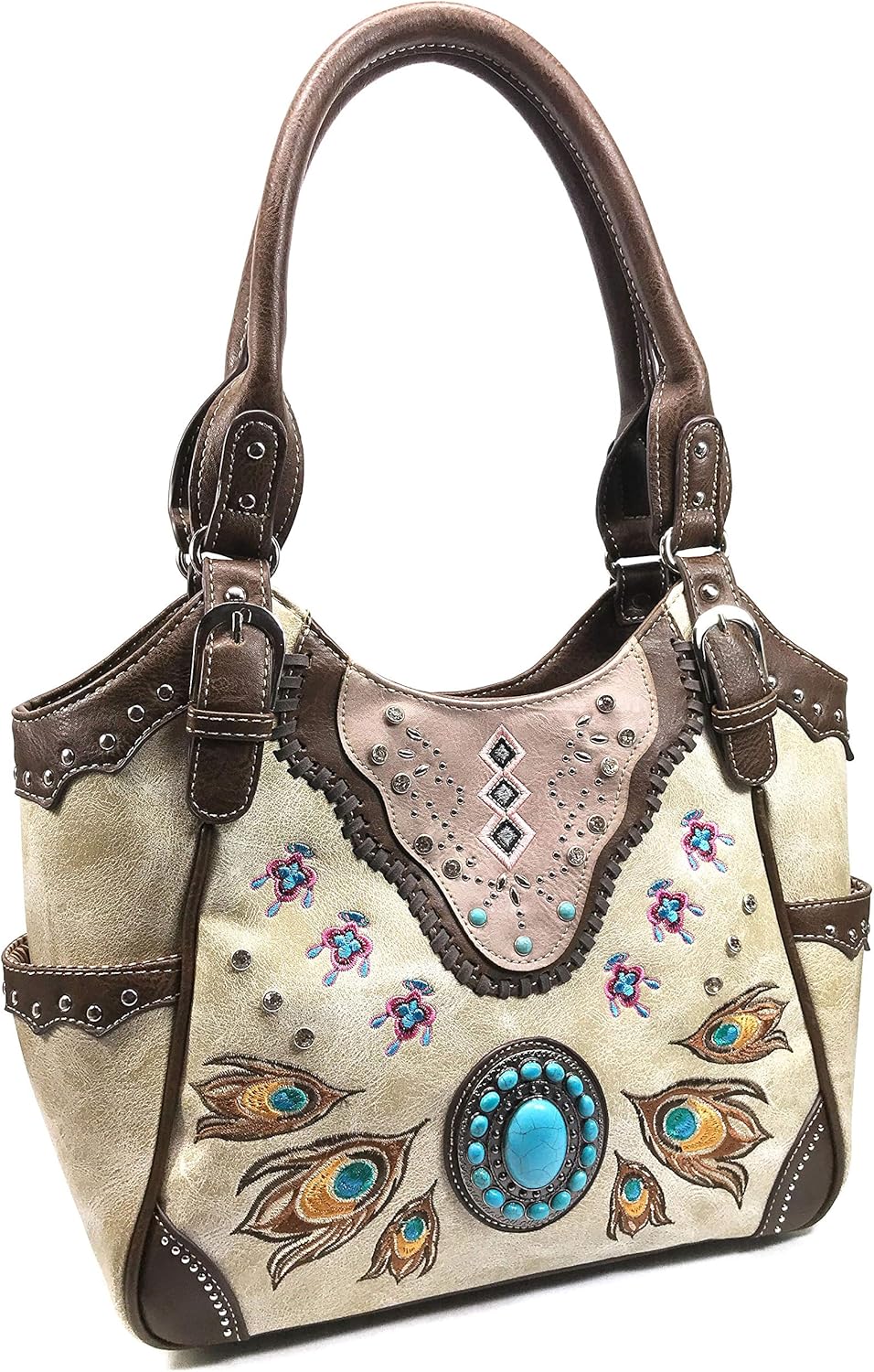 Zelris Turquoise Stone Concho Peacock Feather Women Conceal Carry Tote Purse Set