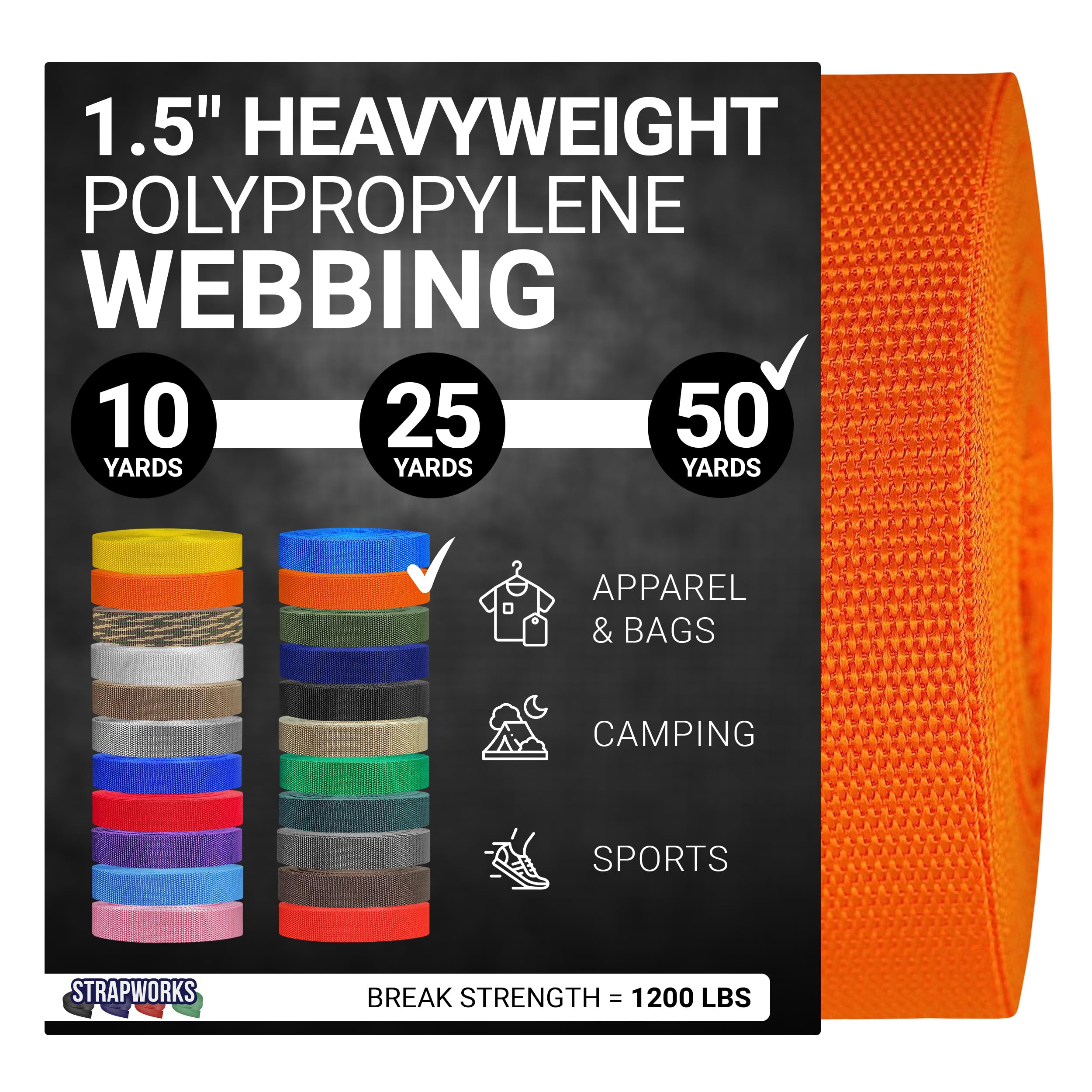 Strapworks Heavyweight Polypropylene Webbing - Heavy Duty Poly Strapping for Outdoor DIY Gear Repair, 1.5 Inch x 50 Yards, Orange