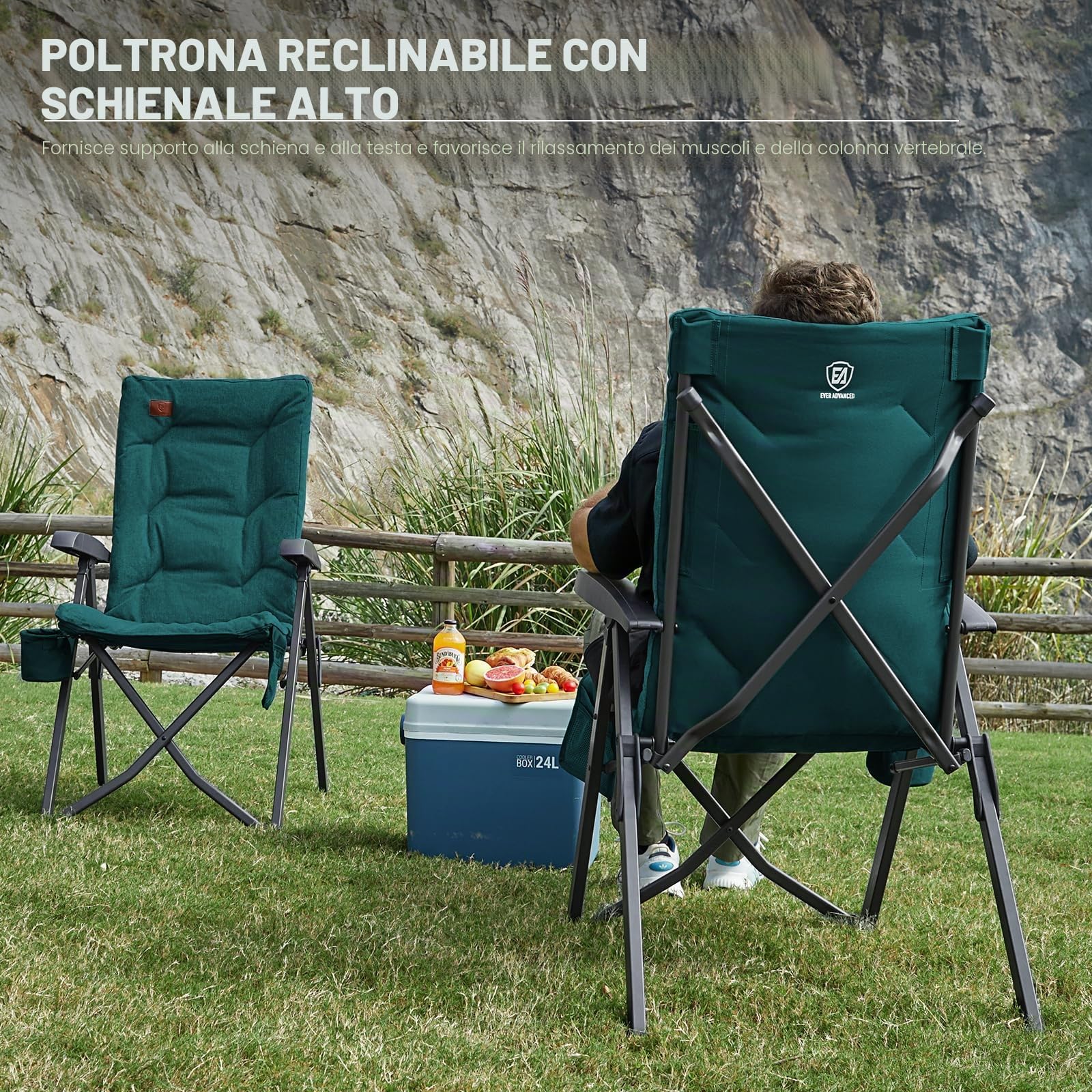 EVER ADVANCED Sedia da campeggio pieghevole con schienale regolabile in 4 posizioni fino a 150 kg, sedia pieghevole spessa 6 cm, imbottita con tasca laterale e porta bevande, sedia da giardino