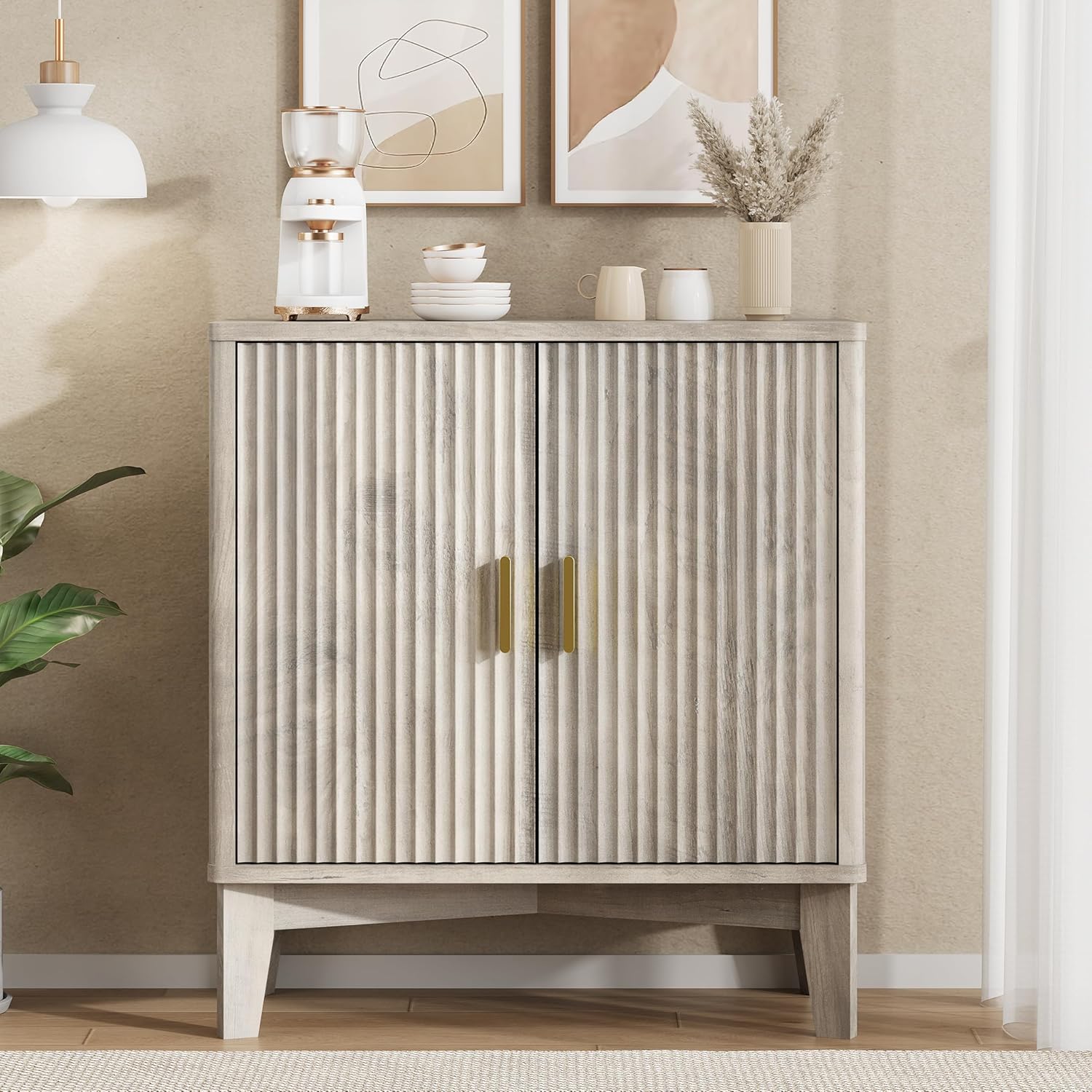 Xixini Fluted Sideboard Buffet Cabinet with Storage, 30" Mid Century Modern Coffee Wine Bar with Adjustable Shelves, Small Wood Buffet Table with 2 Doors for Kitchen, Living Room, Dining Room, Grey