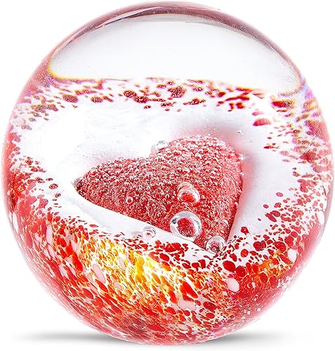 EUSTUMA Bola de pisapapeles de cristal soplado a mano con corazón rojo para regalo de cumpleaños, decoración del hogar coleccionable, amantes de la