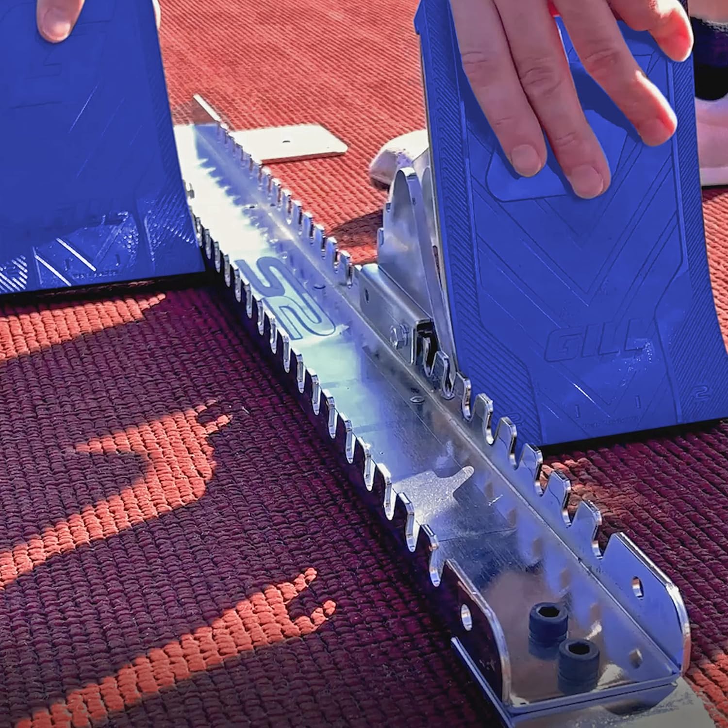Track and Field Starting Blocks - Adjustable Blocks for Sprinting - Polished Steel Rail Track Training Equipment - 8 Inch Cast Aluminum Pedals - Gill Athletics - Royal Blue