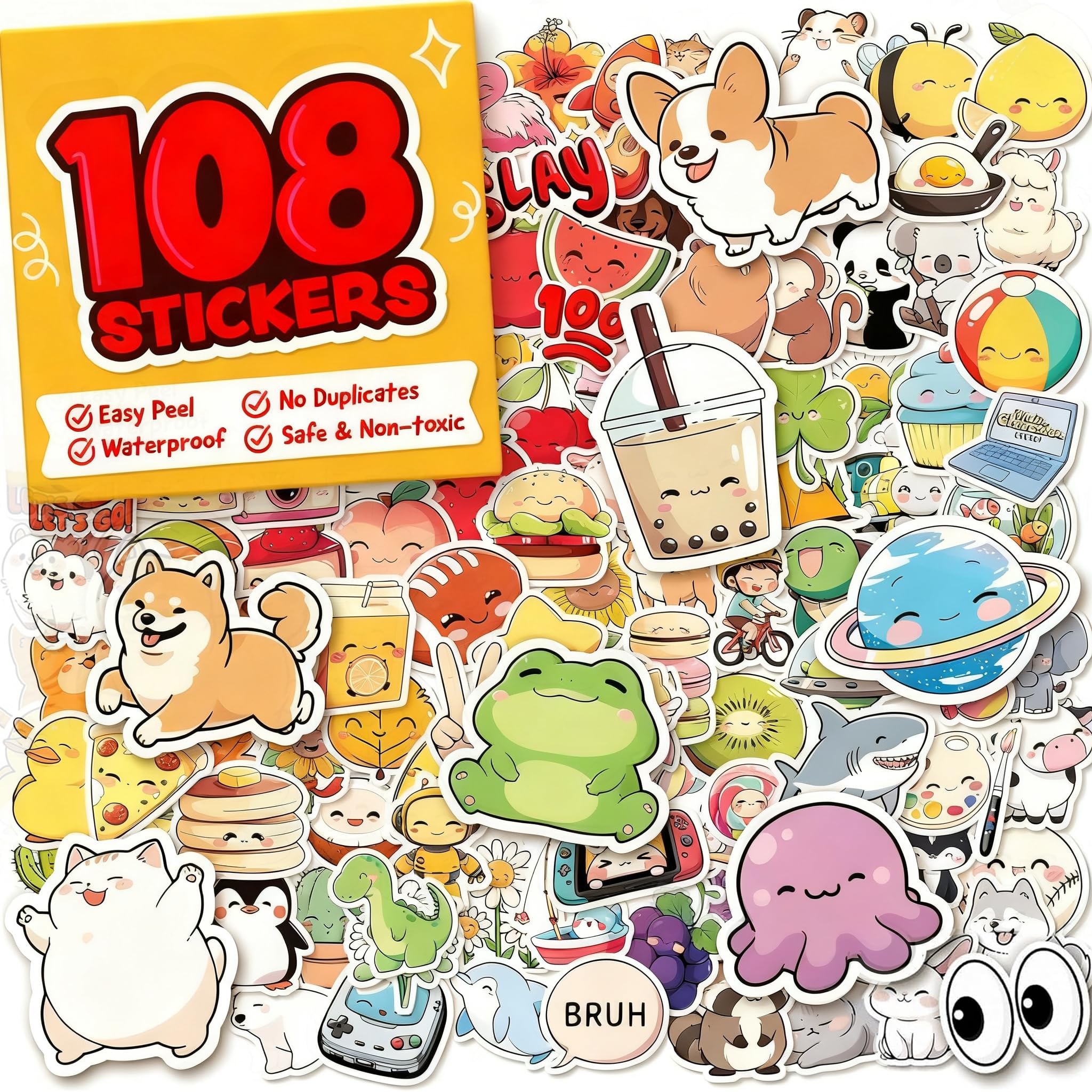 Kawaii Water Bottle Stickers for Kids & Teens - 108pc Cute, Waterproof Vinyl Stickers - Easy Peel,Reusable - Teacher Reward, Classroom Supplies,Scrapbook, Laptop