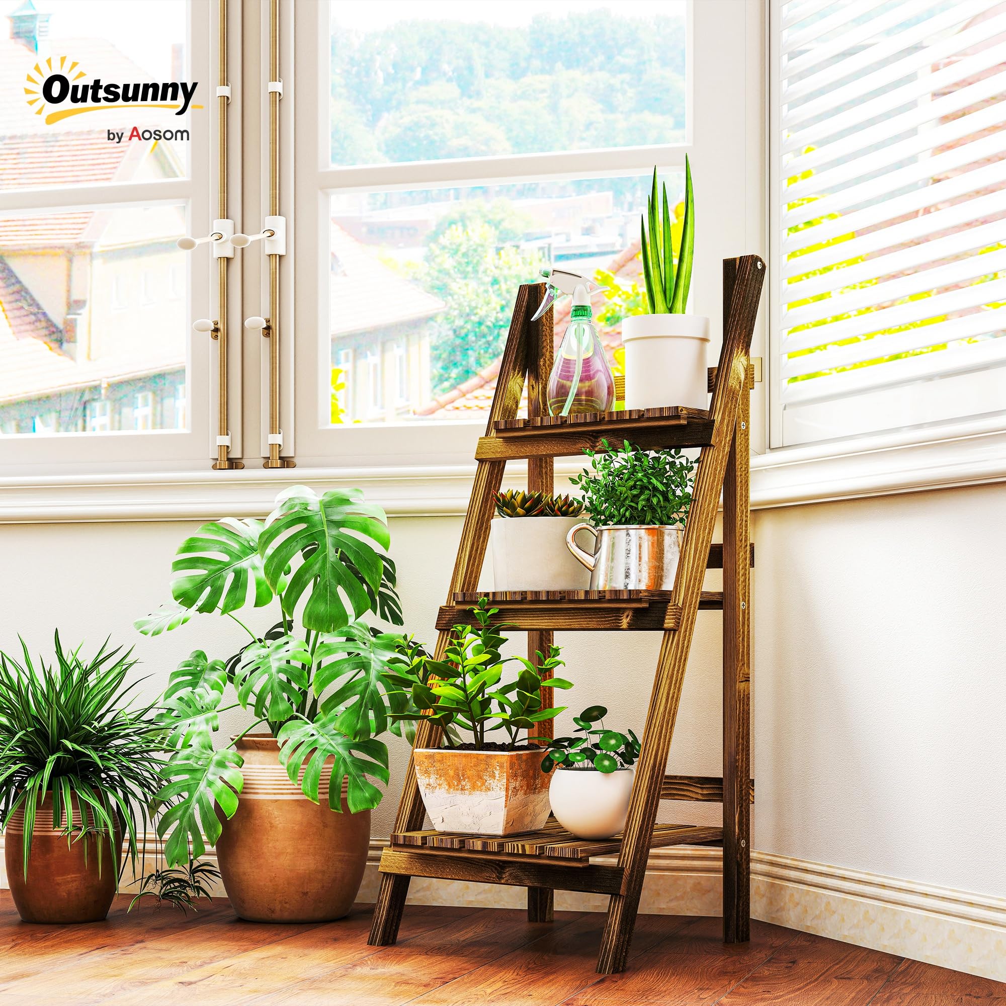 Outsunny Soporte para Plantas de Madera de 3 Niveles, Estantería para Plantas Plegable con Base de Listones, Soporte para Macetas para Interior y Exterior, Terraza, Jardín, 40x37x93 cm, Carbonizado