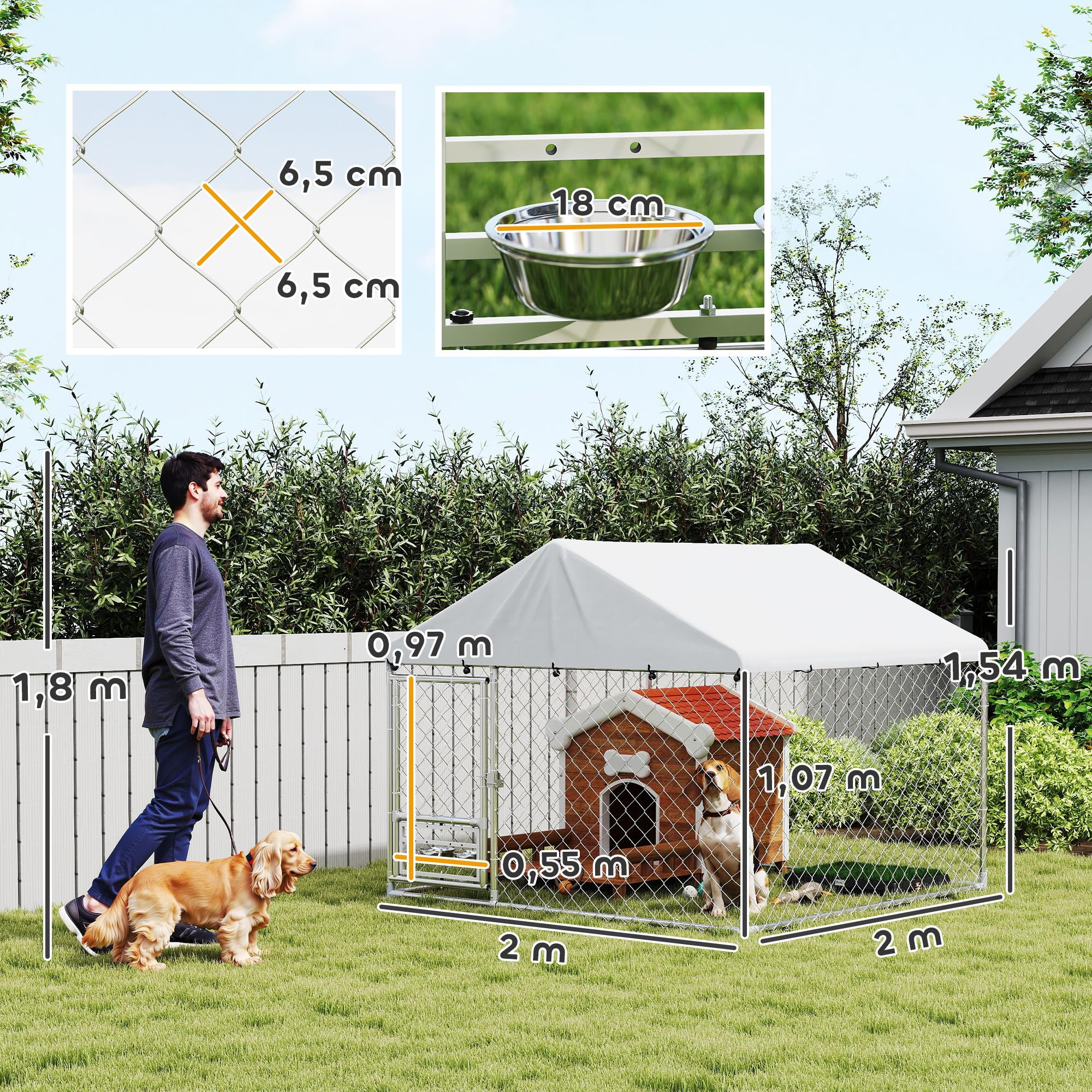 PawHut Perrera de Exterior con Techo Impermeable 2x2x1,55 m Jaula para Perros de Acero Galvanizado Soporte Ajustable y Giratorio para Comida 2 Cuencos para Perros Medianos y Pequeños