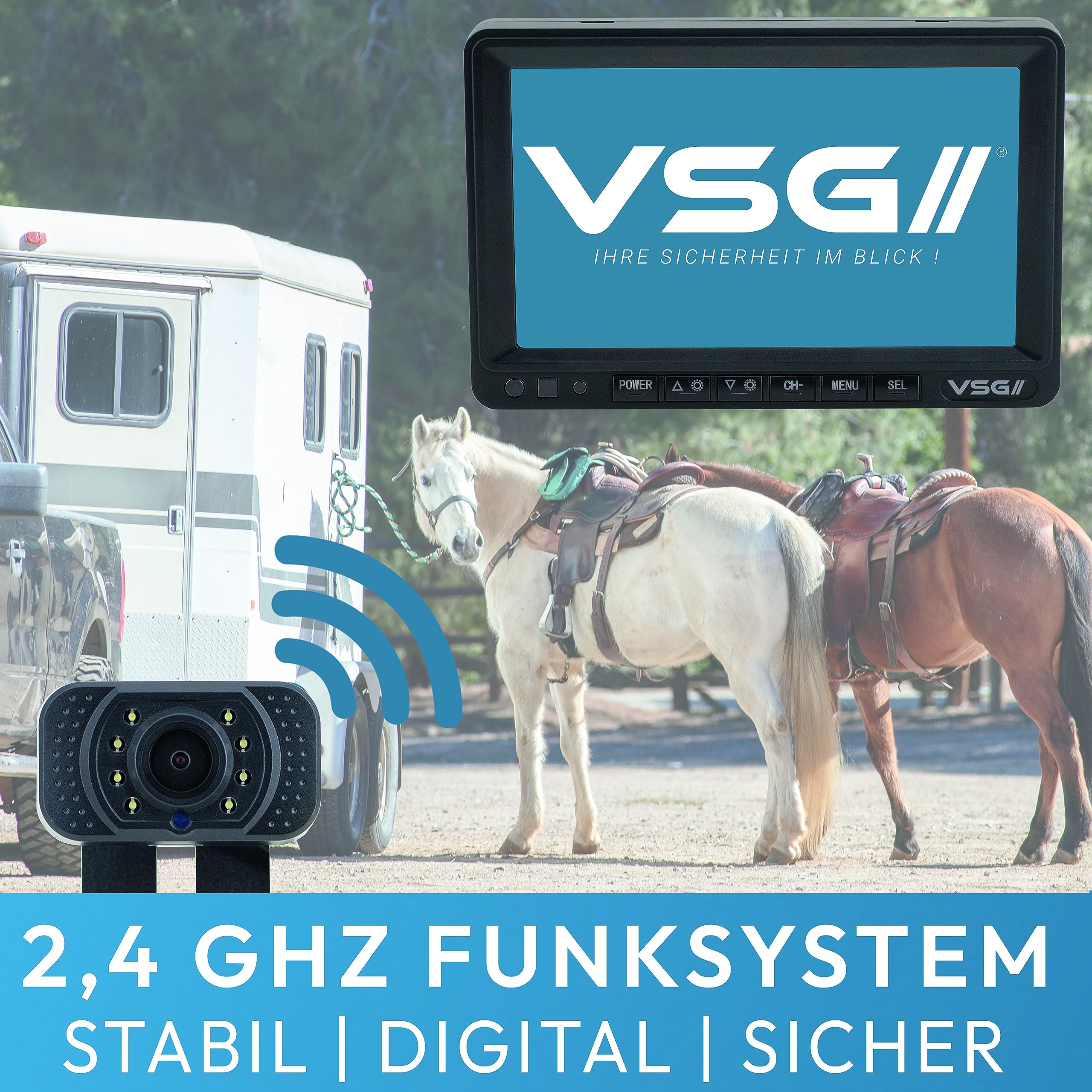 VSG Bezprzewodowy system cofania 24 7" Premium PRO HD do przyczepy kempingowej, przyczepy dla koni, zestaw samochodowy, kamera cofania + monitor, kamera rejestracyjna, doposażenie kamery 12 V-24 V,