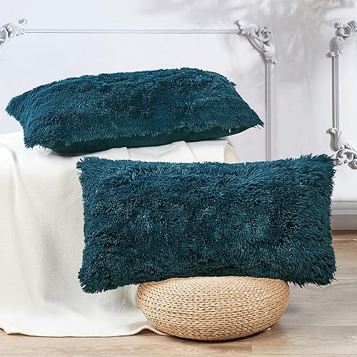 BYTIDE Juego de 2 fundas de almohada decorativas de piel sintética lanuda y esponjosa de 14 x 26 pulgadas, funda de almohada rectangular de lujo