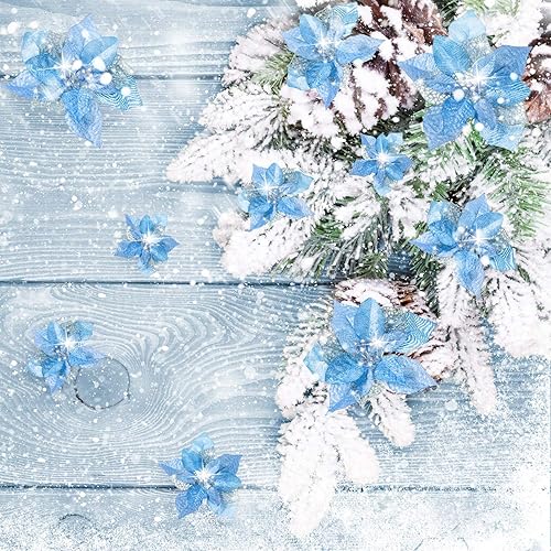 Miniatura 4 de Juego de 36 flores de pascua sintéticas navideñas con purpurina, adornos para decorar bodasárbol de navidadaño nuevo (azul)