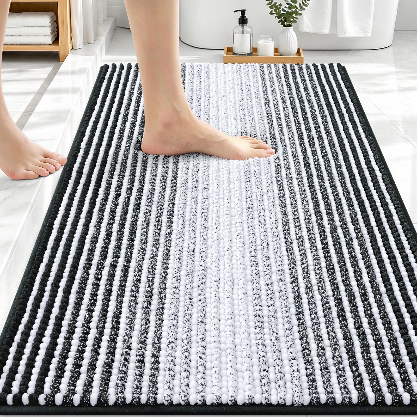 OLANLY Bathroom Rugs 30x20, Soft Chenille Striped Bath Rugs, Black