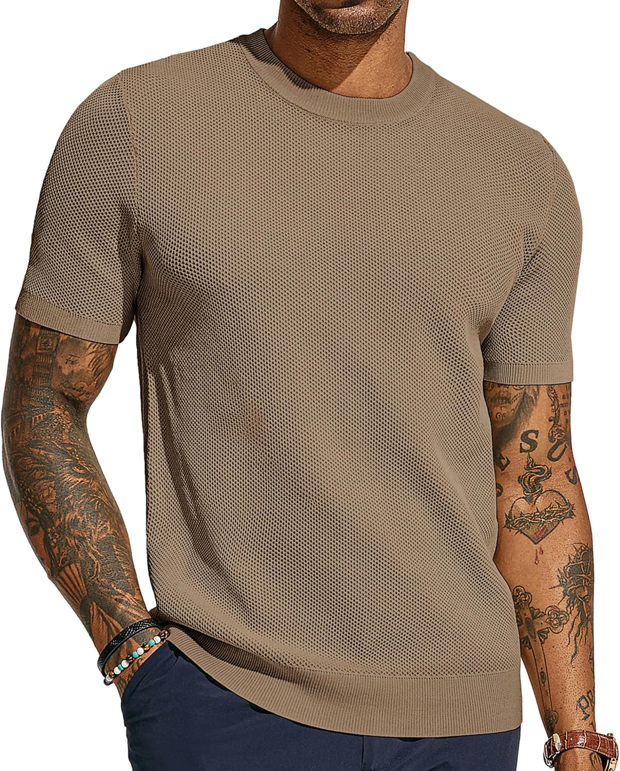 PJ PAUL JONES Mens T-Shirts Crew Neck Waffle Knit Shirt Short Sleeve Tee Shirts Fashion Casual Pullover Tops