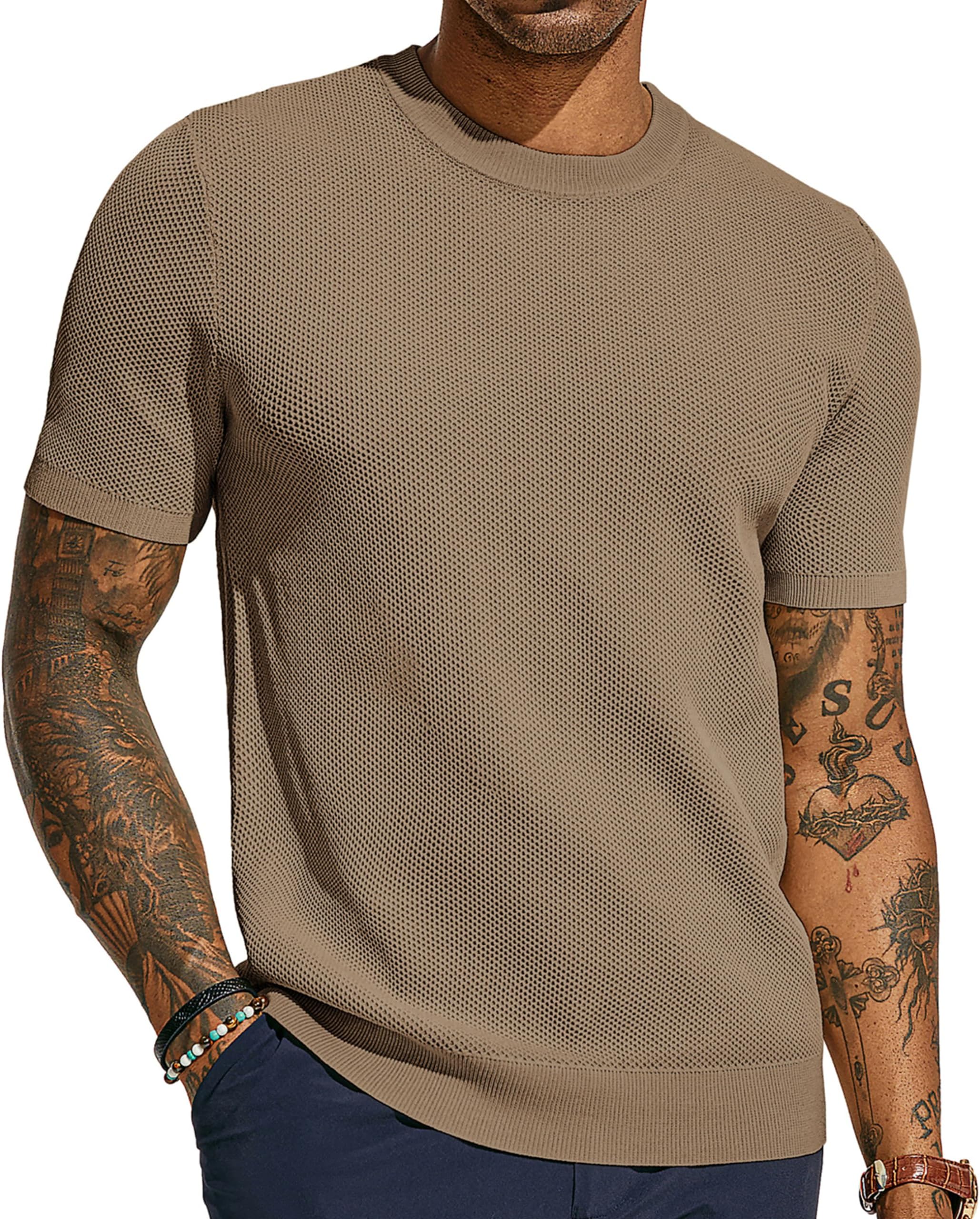 PJ PAUL JONESMen's T-Shirts Casual Knit Short Sleeve Crewneck Honeycomb Waffle Solid Knitted Pullover Tees