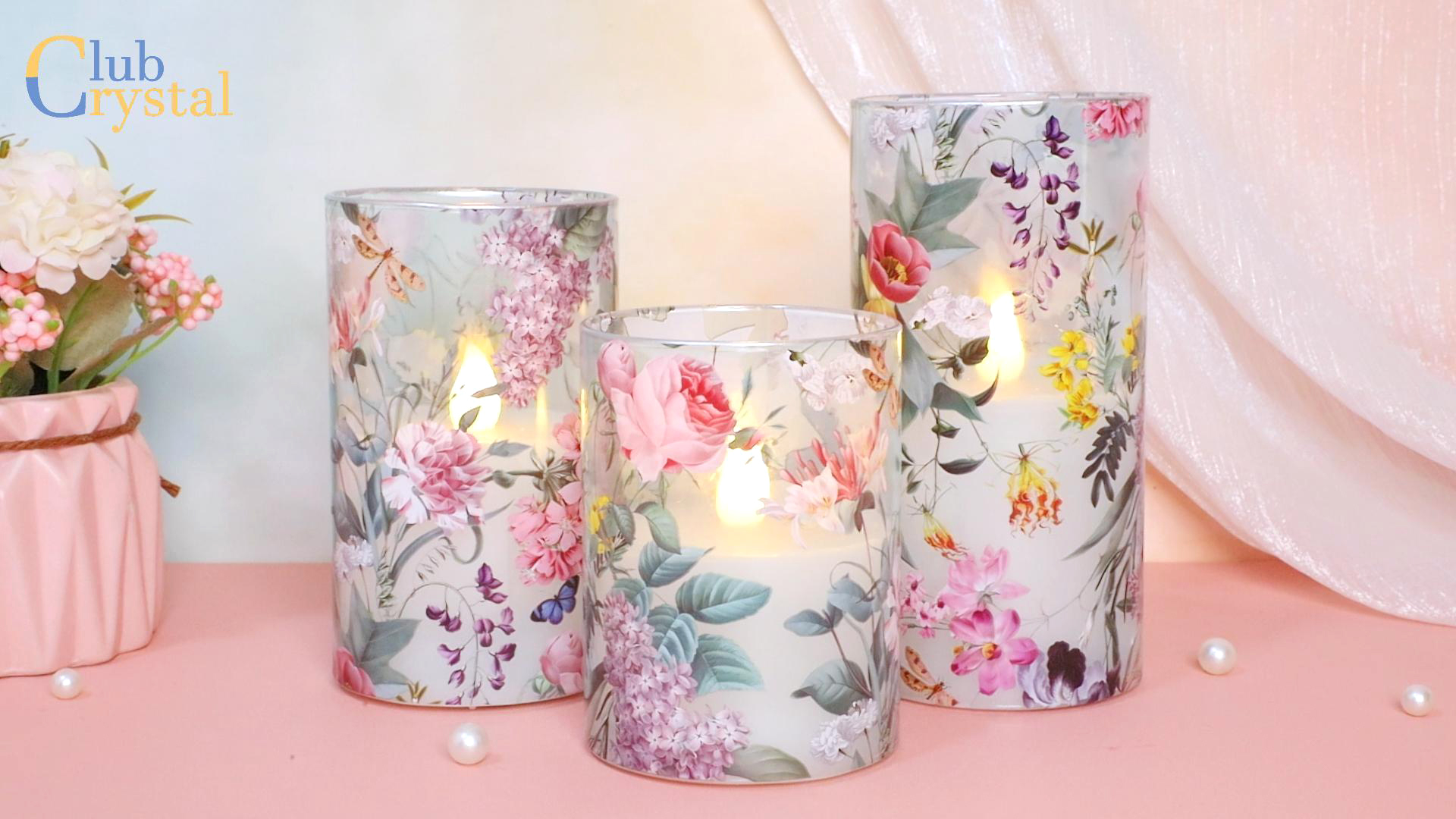 Image of CRYSTAL CLUB Floral Glass Flameless Candles Battery Operated with Remote, Realistic LED Flickering Pillar Candle for Wedding, Home Decor